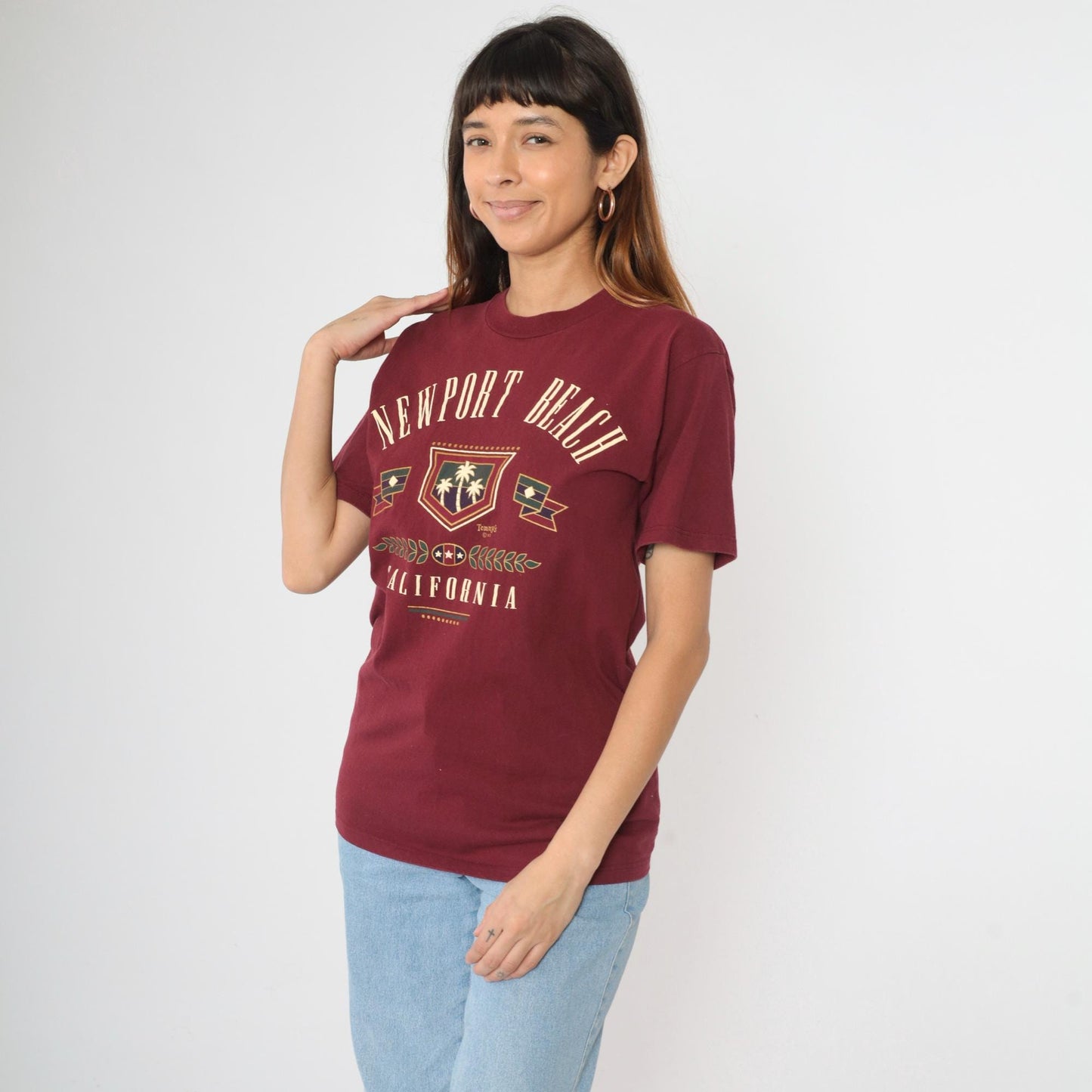 90s Newport Beach California Graphic Tee Burgundy Cotton Medium