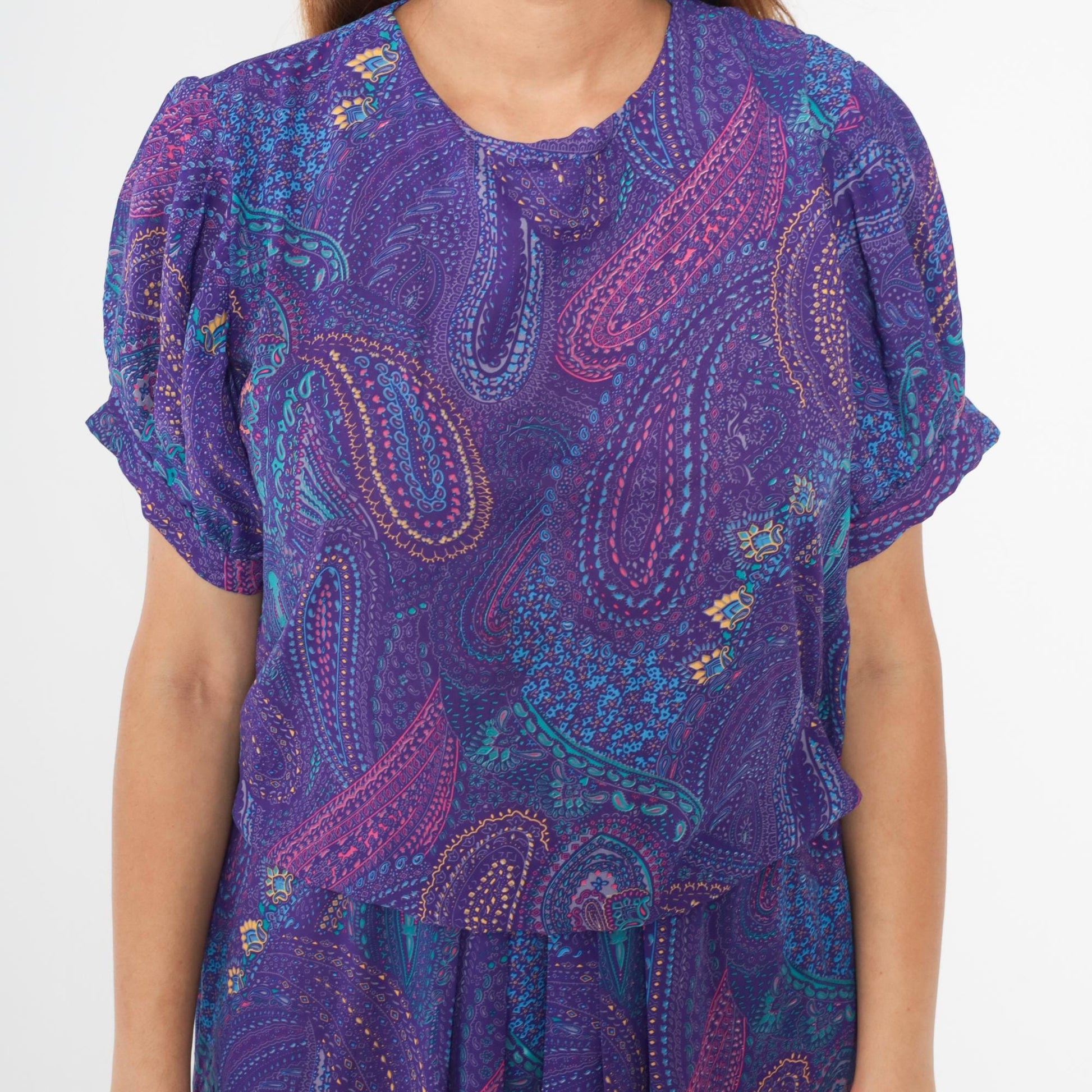 80s Purple Paisley Midi Dress Puff Sleeve High Waist Blouson Medium Large