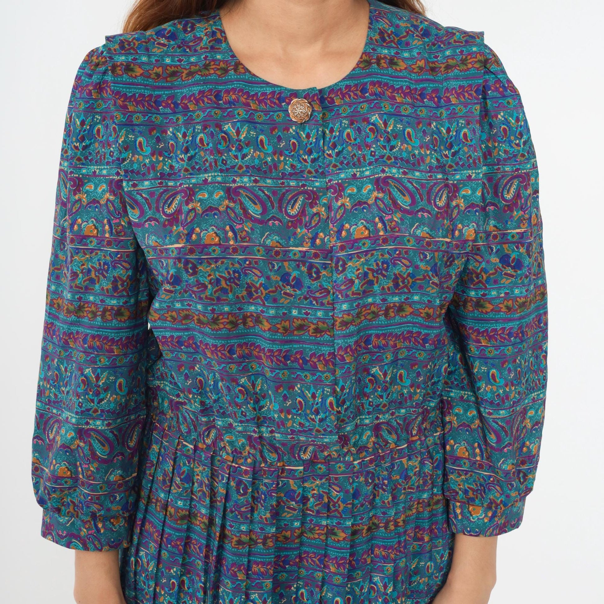 80s Blue Paisley Striped Midi Dress Puff Sleeve High Waisted Button Up Medium