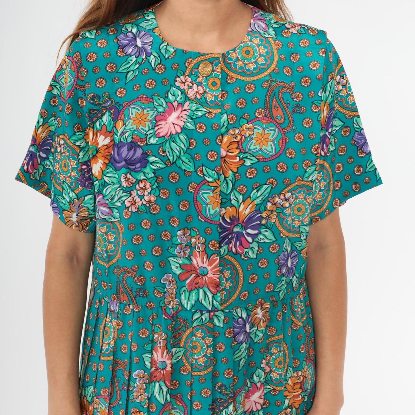 80s Turquoise Paisley Floral Midi Shirtdress Leslie Fay Button Front Pleated Medium Petite