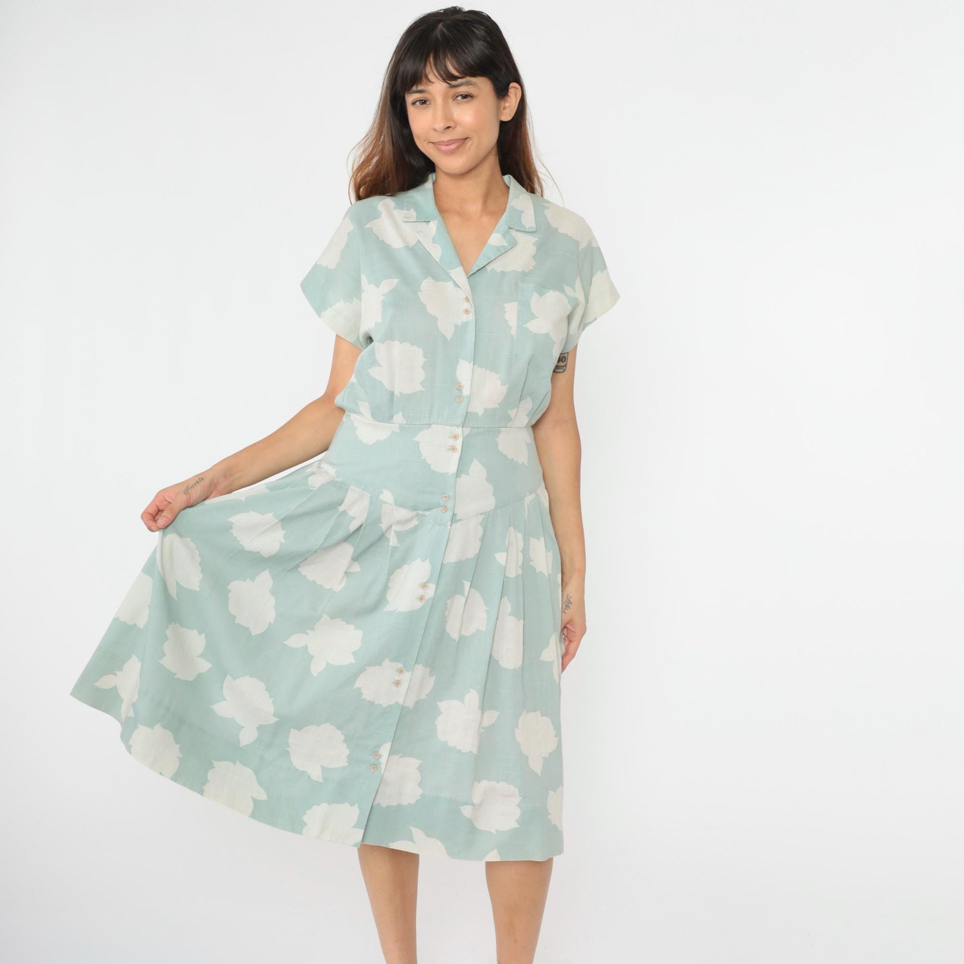 80s Seafoam Floral Midi Dress Button-Up Collared Short Sleeve Small Medium