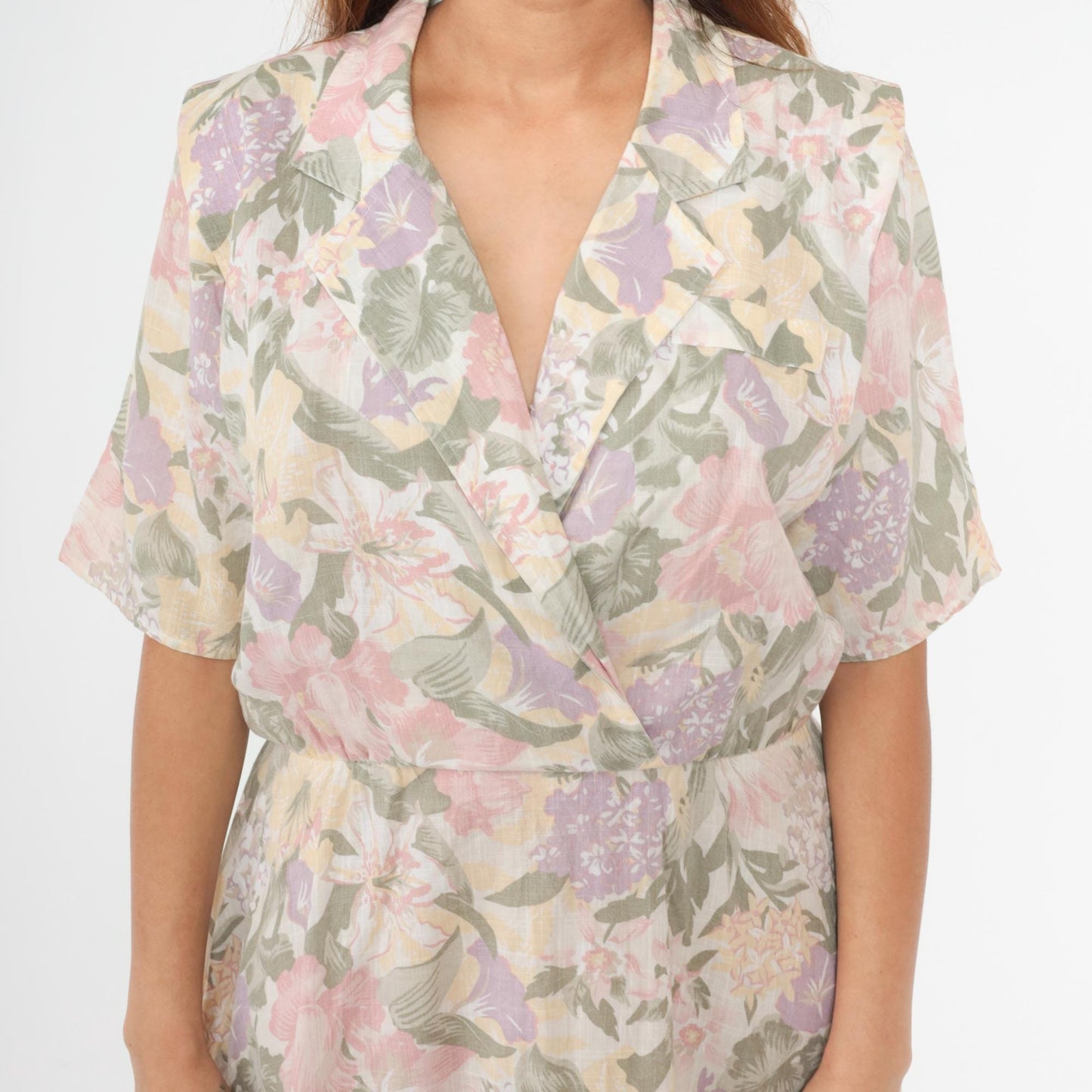 80s Floral Midi Dress High Waisted V Neck Short Sleeve Faux Wrap Medium