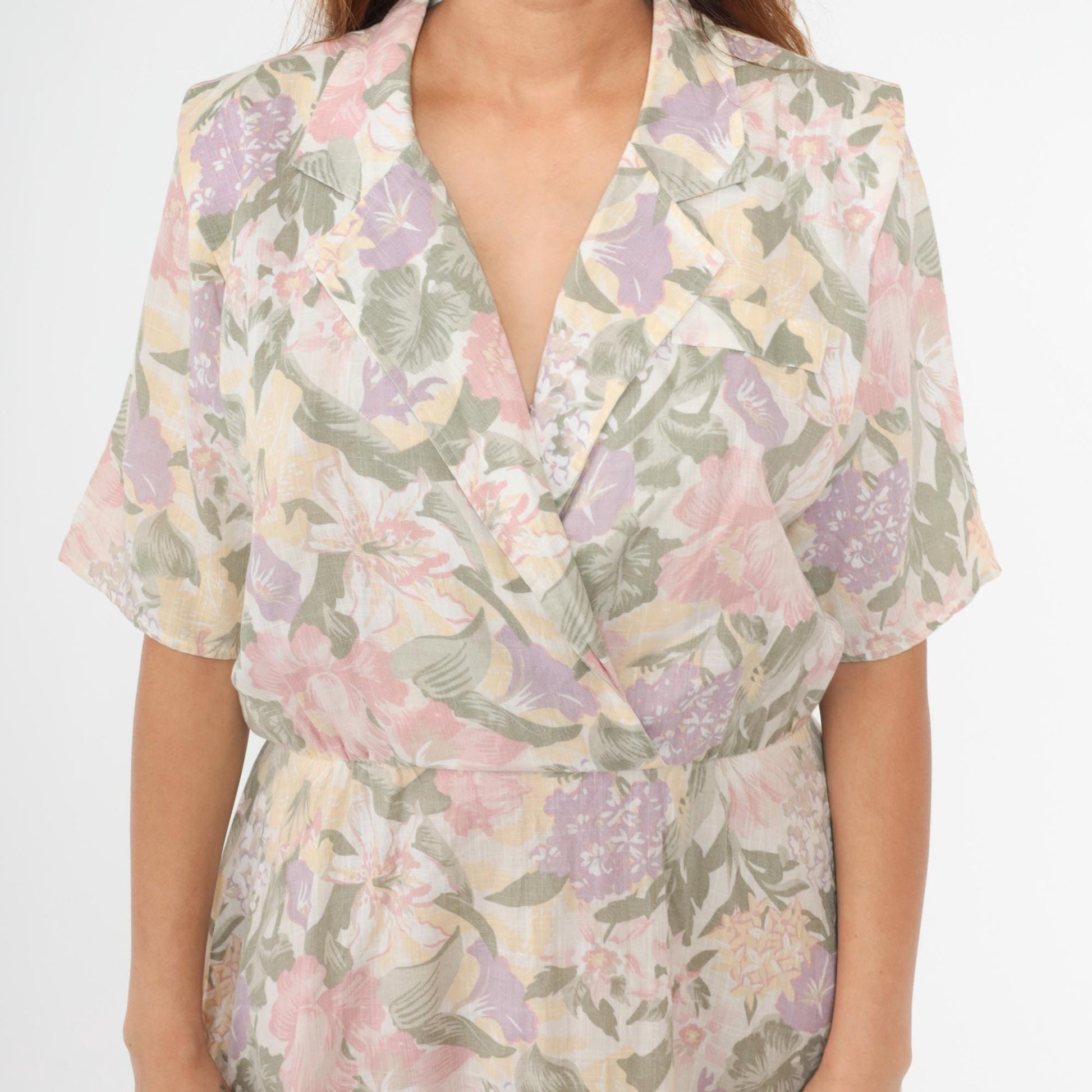 80s Floral Midi Dress High Waisted V Neck Short Sleeve Faux Wrap Medium