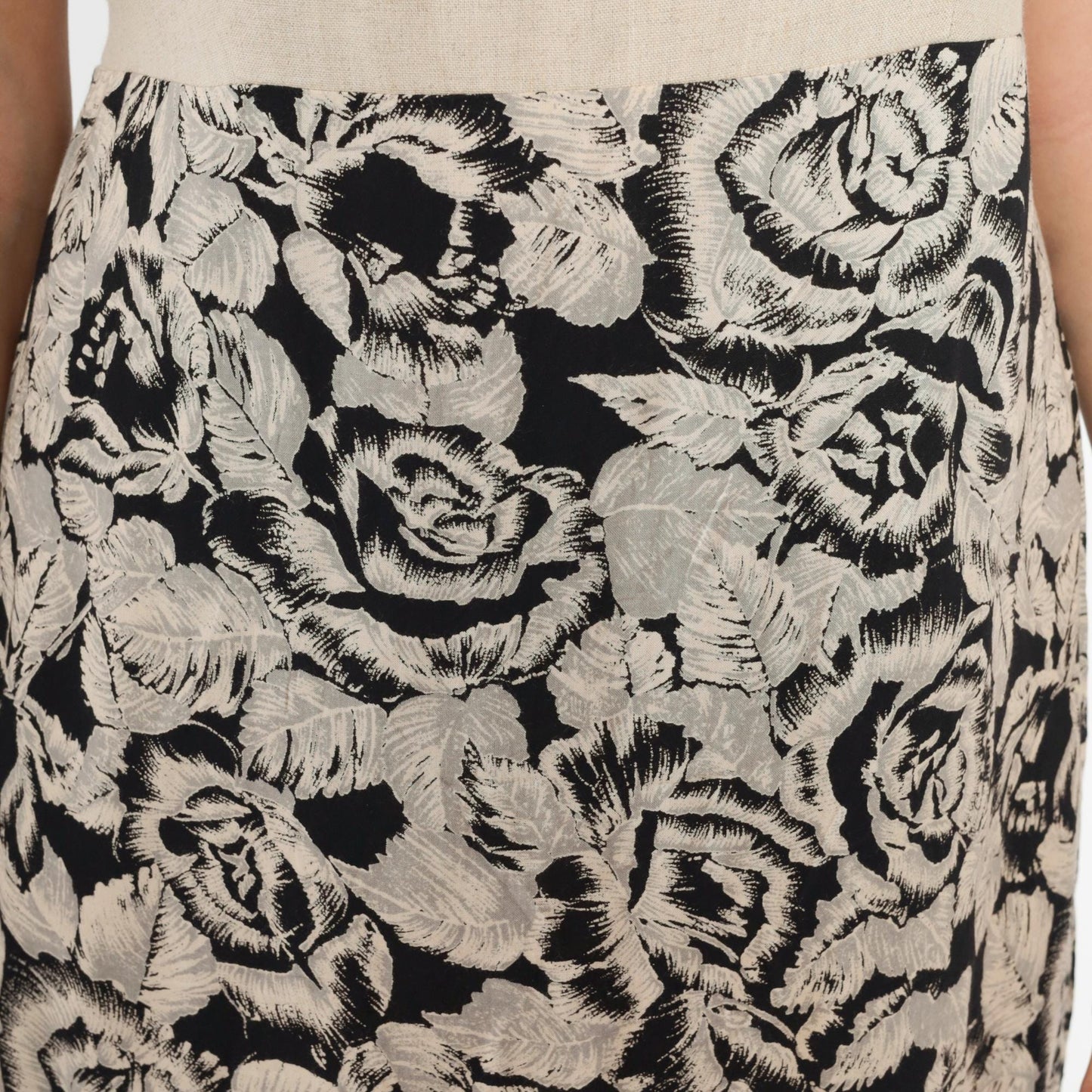 90s Floral Maxi Dress Beige Bodice High Waist Linen Rayon Large L