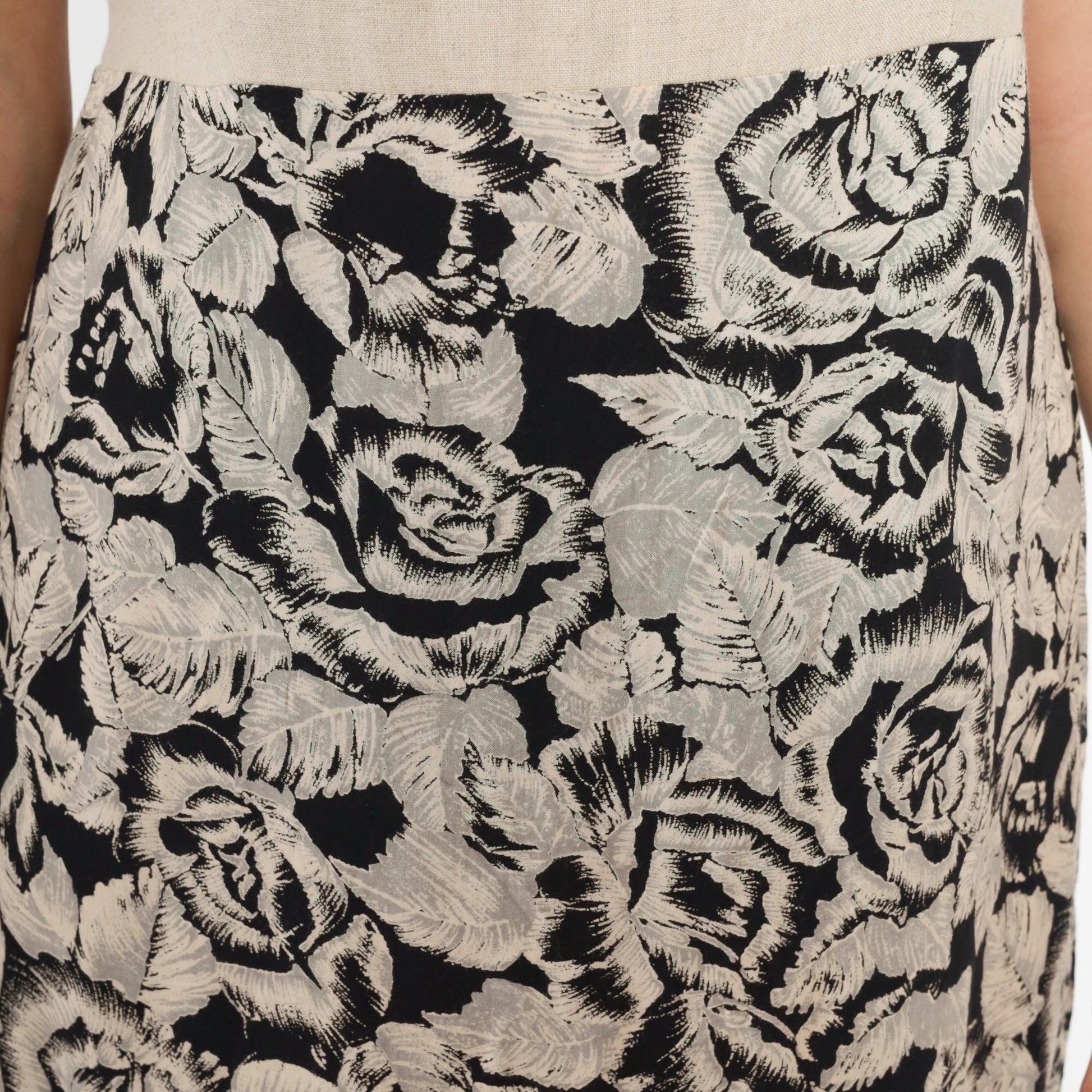 90s Floral Maxi Dress Beige Bodice High Waist Linen Rayon Large L