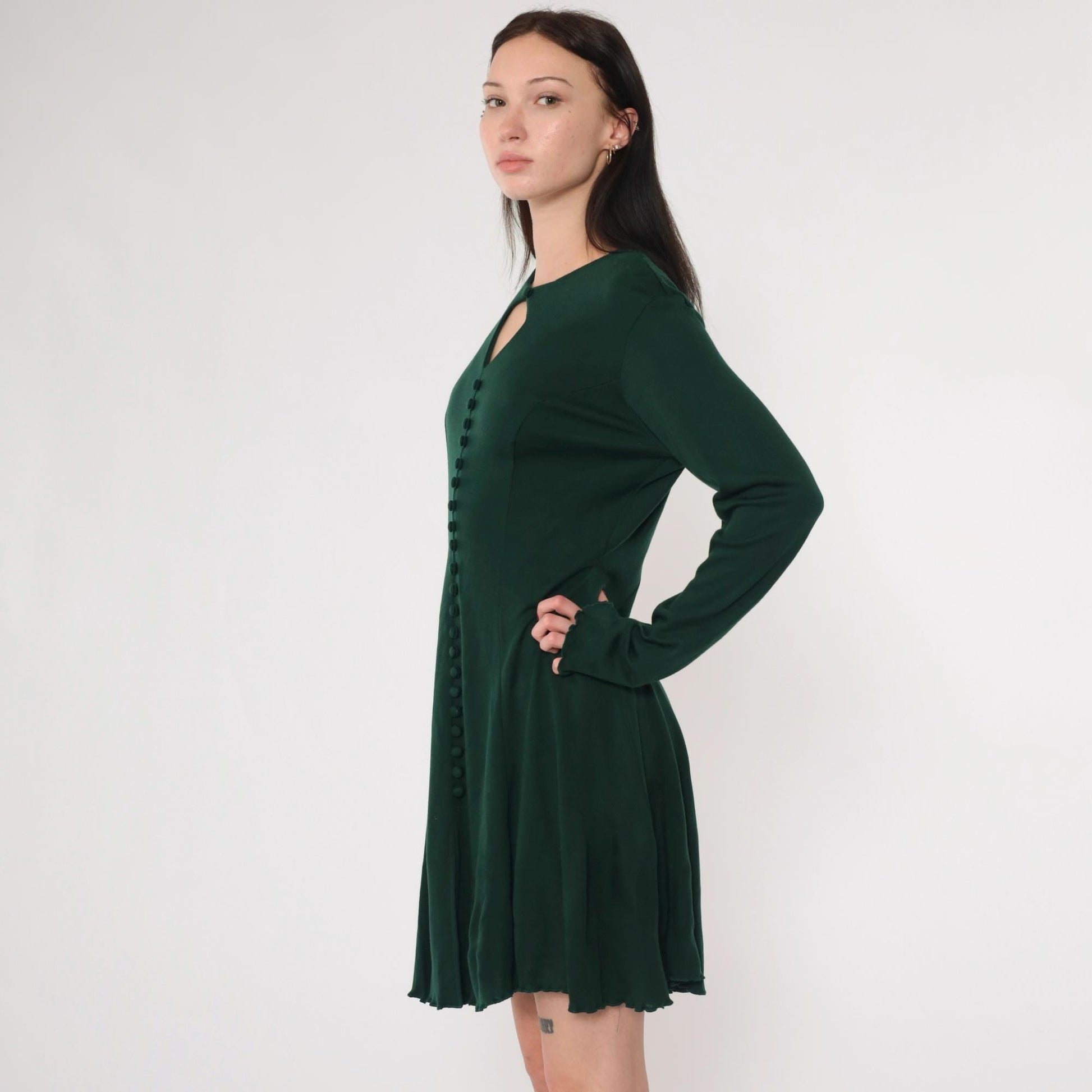 90s Dark Green Keyhole Mini Dress Long Sleeve Button Front A-Line Medium
