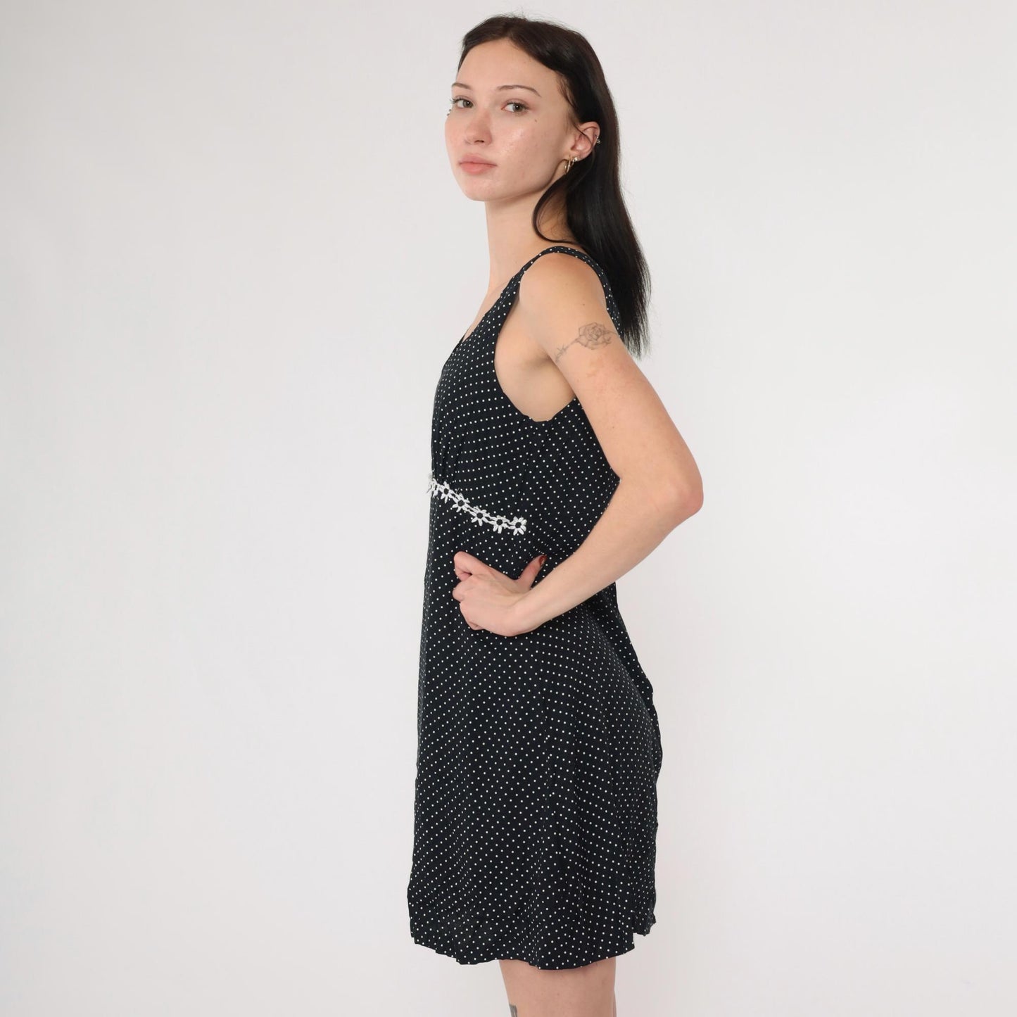 90s Black and White Polka Dot Mini Dress Empire Waist Daisy Trim Small