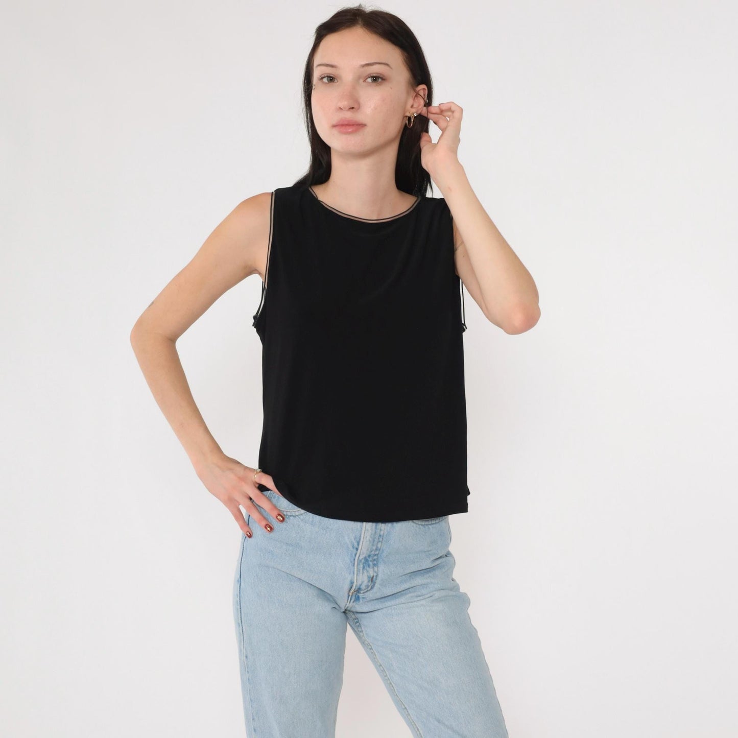 90s Joseph Ribkoff Black Camisole Tank Top Sheer Trim Size 16