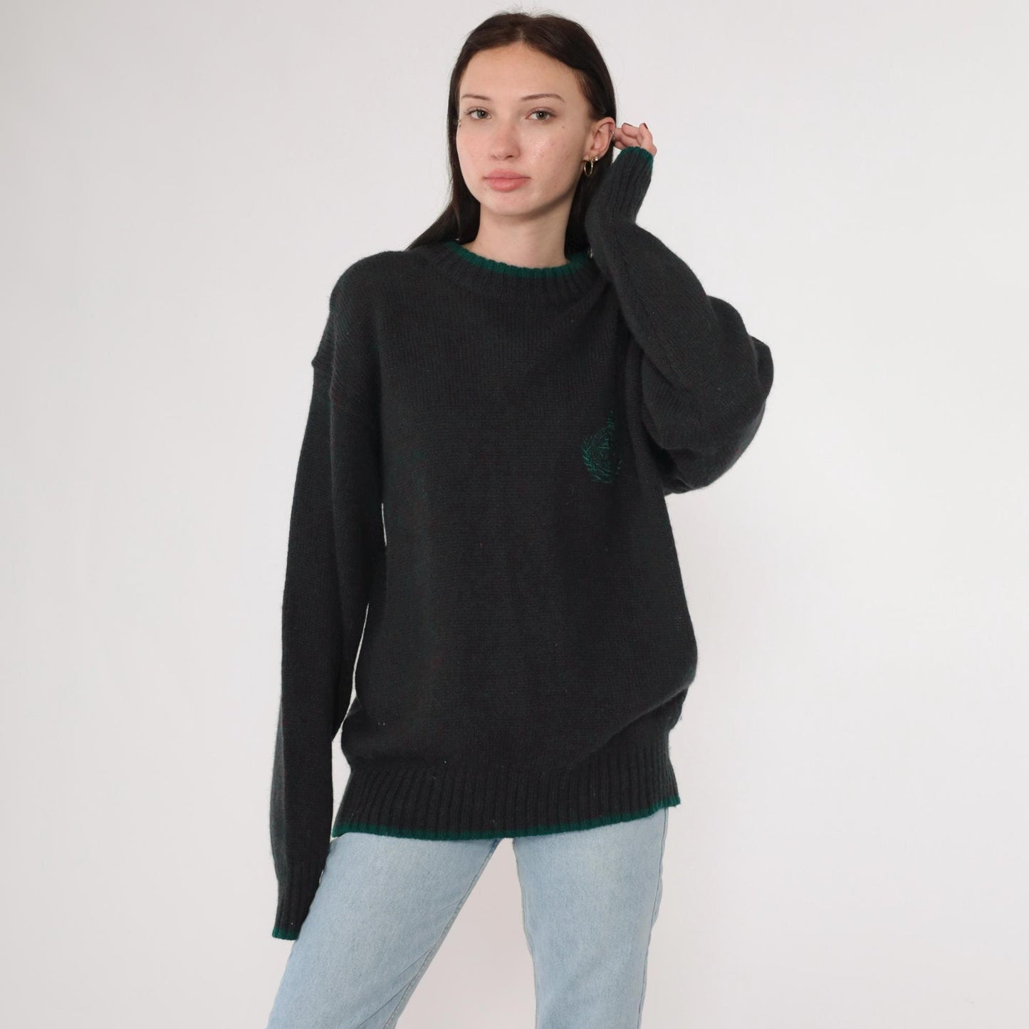 90s Hunting Horn Classics Shetland Wool Sweater Flecked Red Green Crest Medium