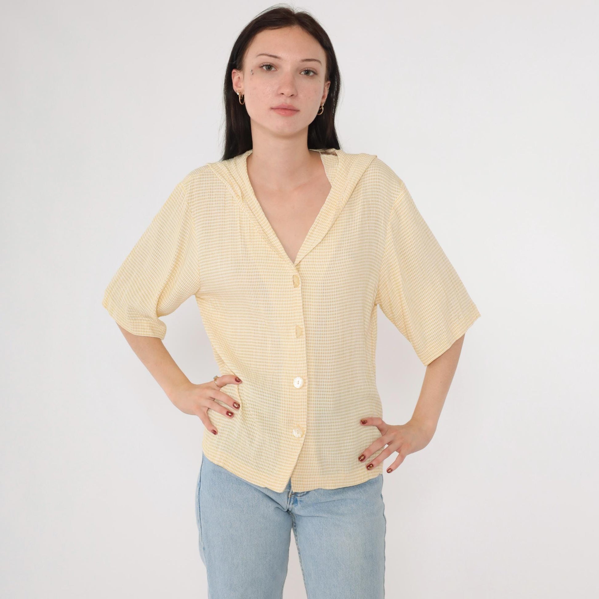 90s Yellow Gingham Sailor Collar Button-Up Blouse Half Sleeve Medium