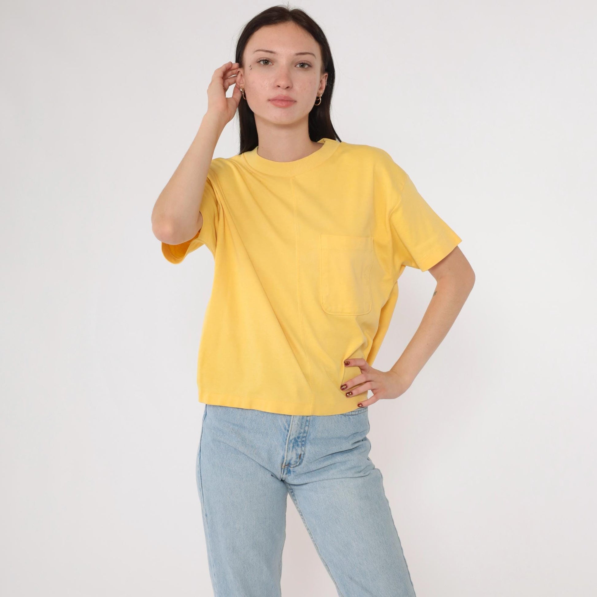 90s Yellow Pocket T-Shirt Joan Harper Crewneck Plain Tee Medium