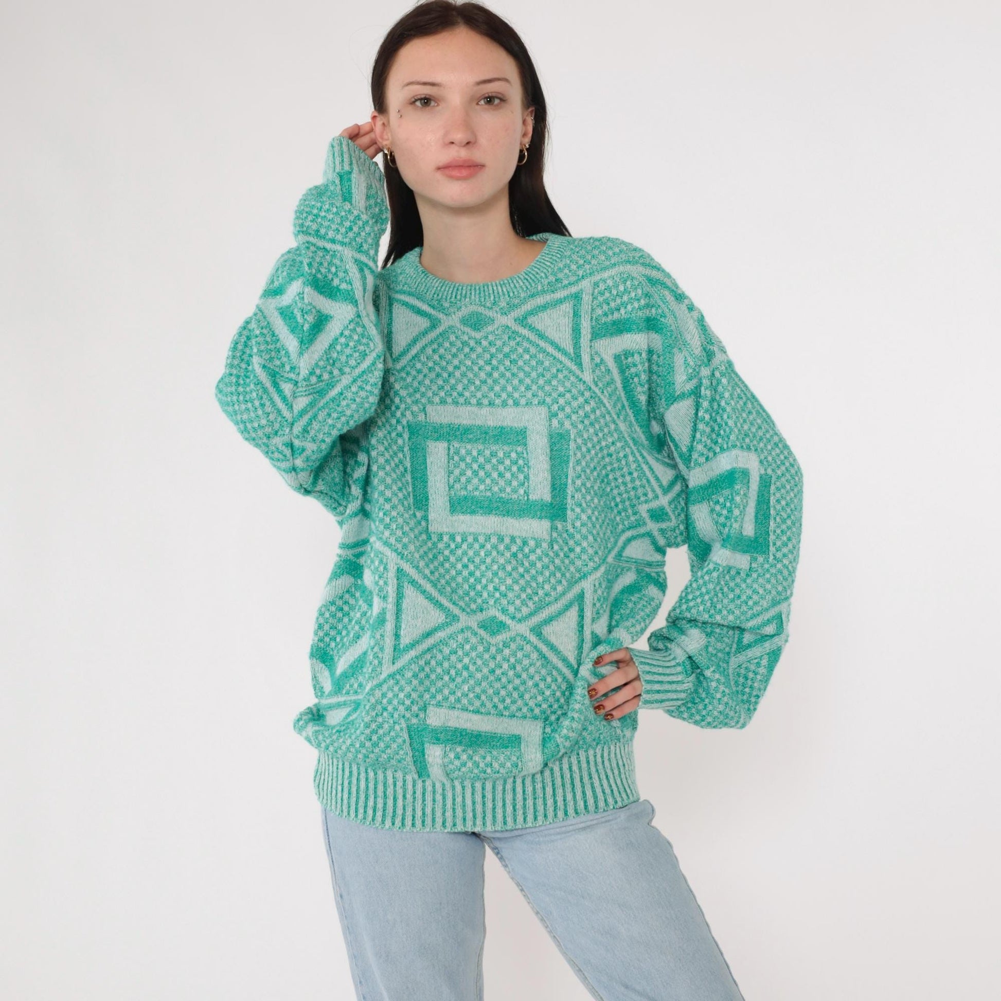 90s Jantzen Geometric Knit Sweater Green White Crewneck Large