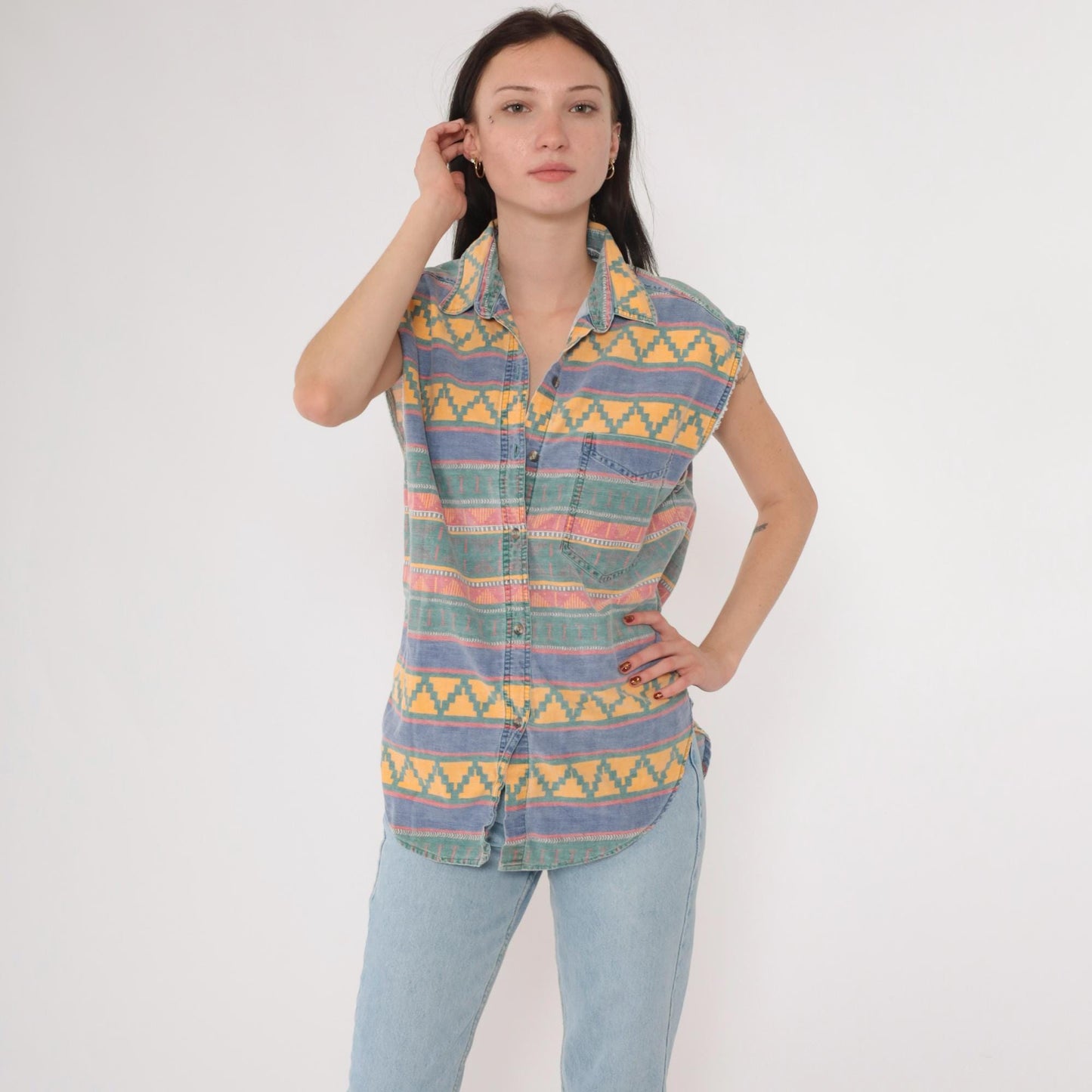 90s Quizz Southwestern Geometric Button-Up Tank Yellow Blue Green Medium