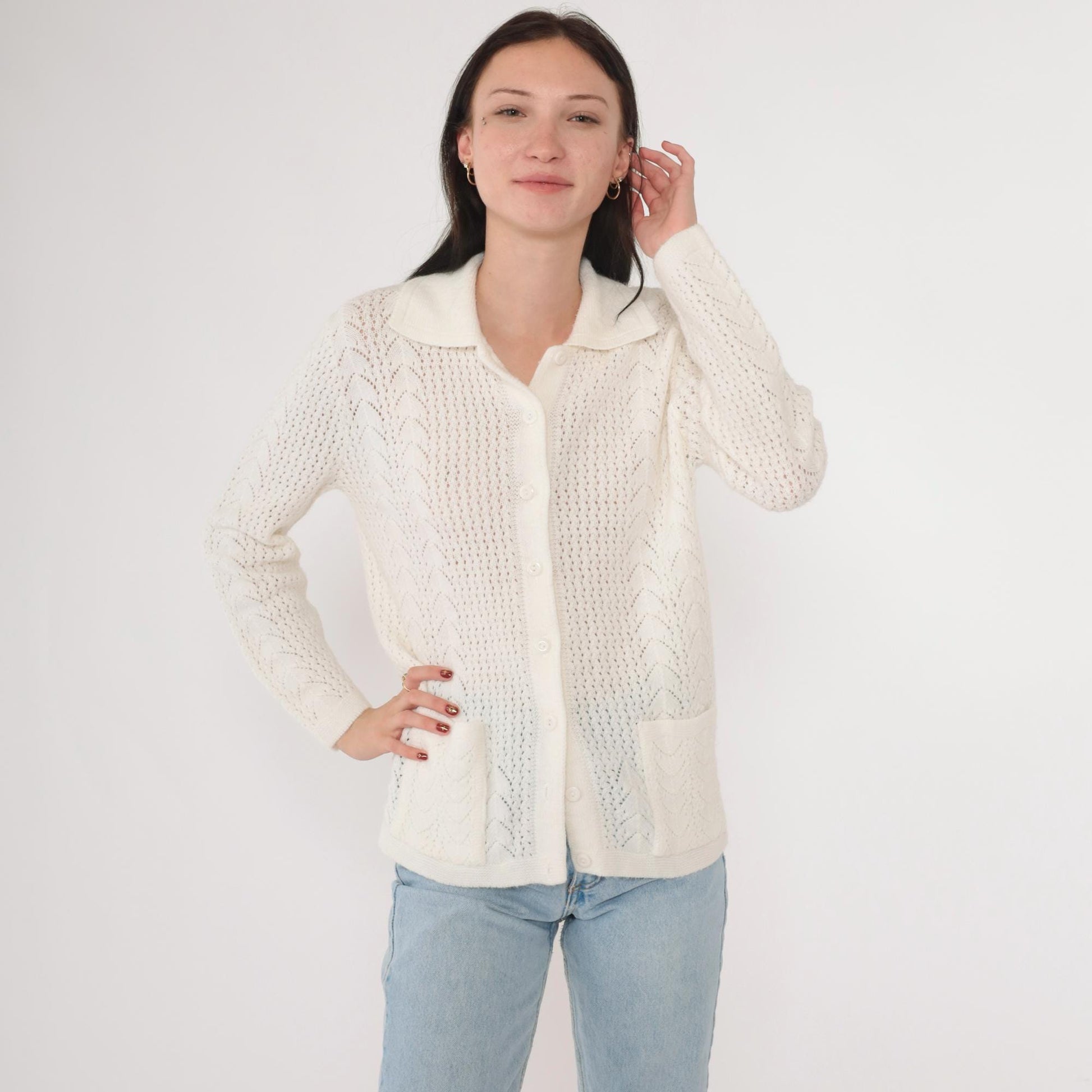 70s White Pointelle Open Weave Cardigan Button Up Knit Medium