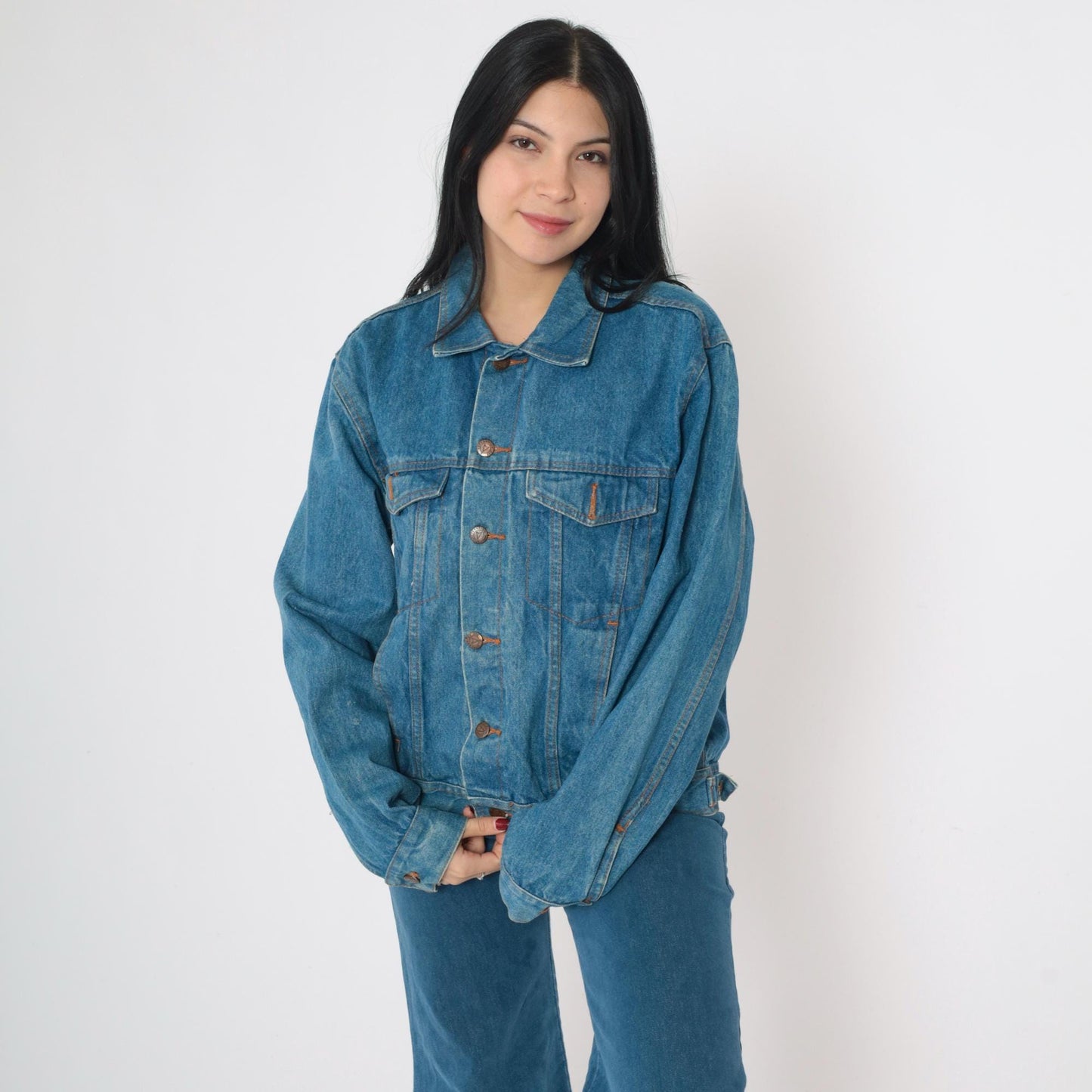 90s Blue Denim Jacket Button-Up Cotton Medium M