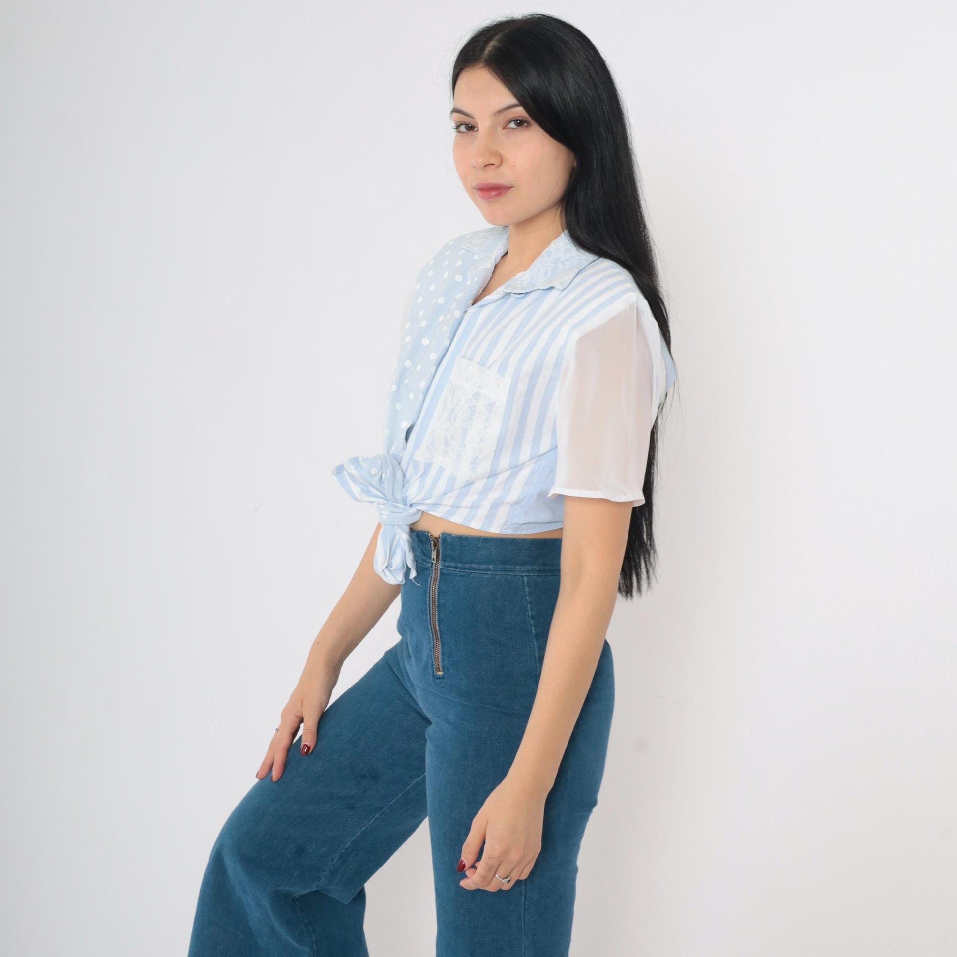 90s Baby Blue Polka Dot Striped Button Up Crop Top Chiffon Lace Small