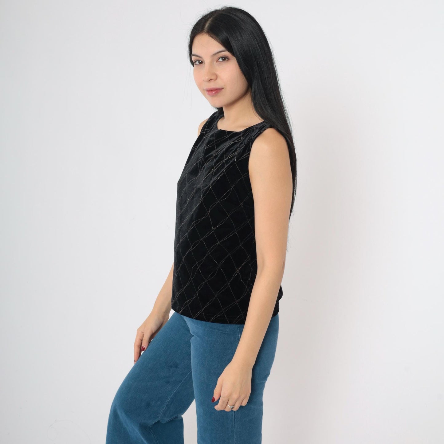 90s Black Velvet Tank Top Checkered Sparkly Glitter Sleeveless Small