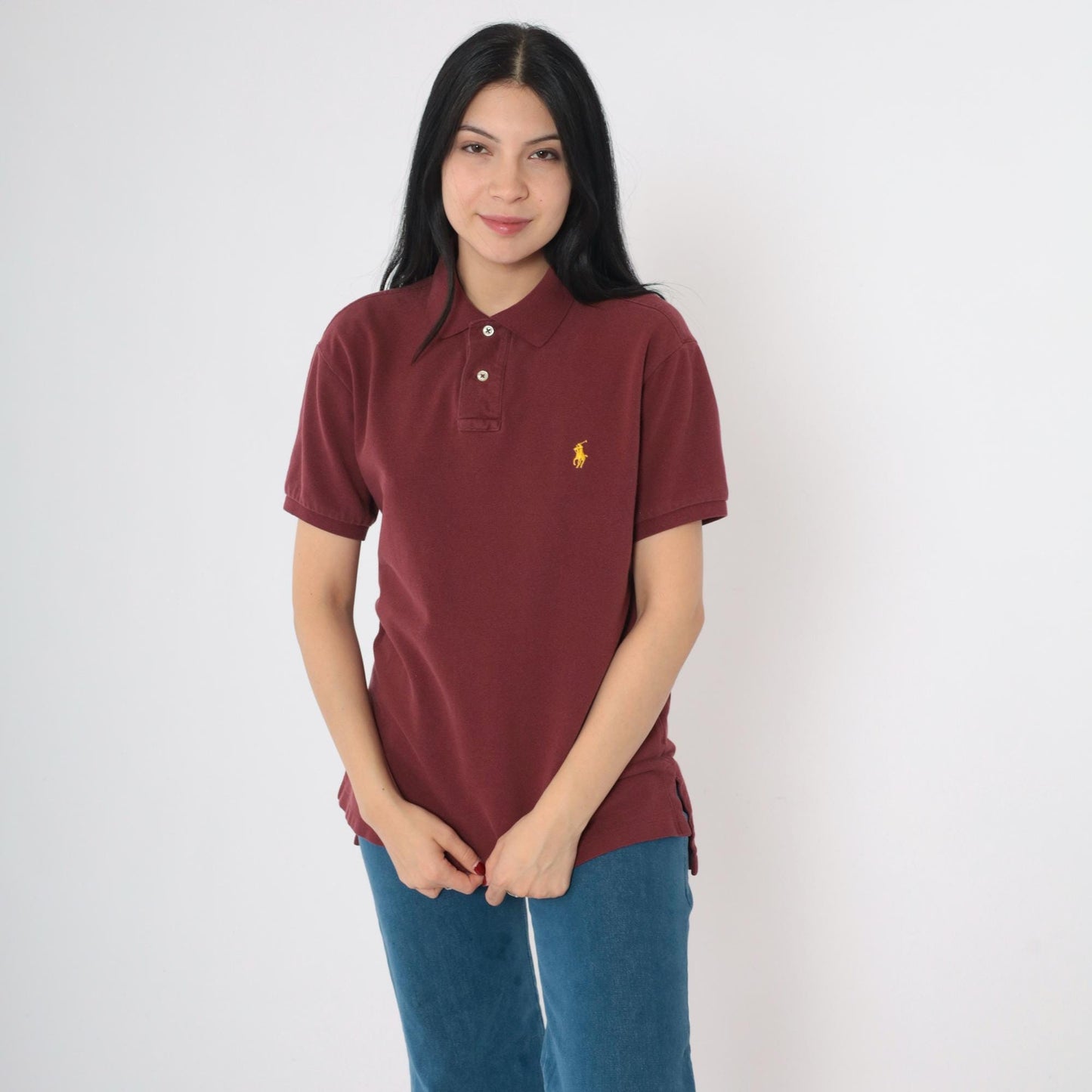 90s Polo Ralph Lauren Burgundy Cotton Polo Shirt Yellow Logo Medium M