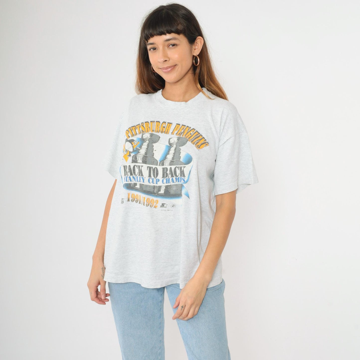 1991/1992 Pittsburgh Penguins Stanley Cup Champions Graphic T-Shirt Heather Grey Extra Large XL