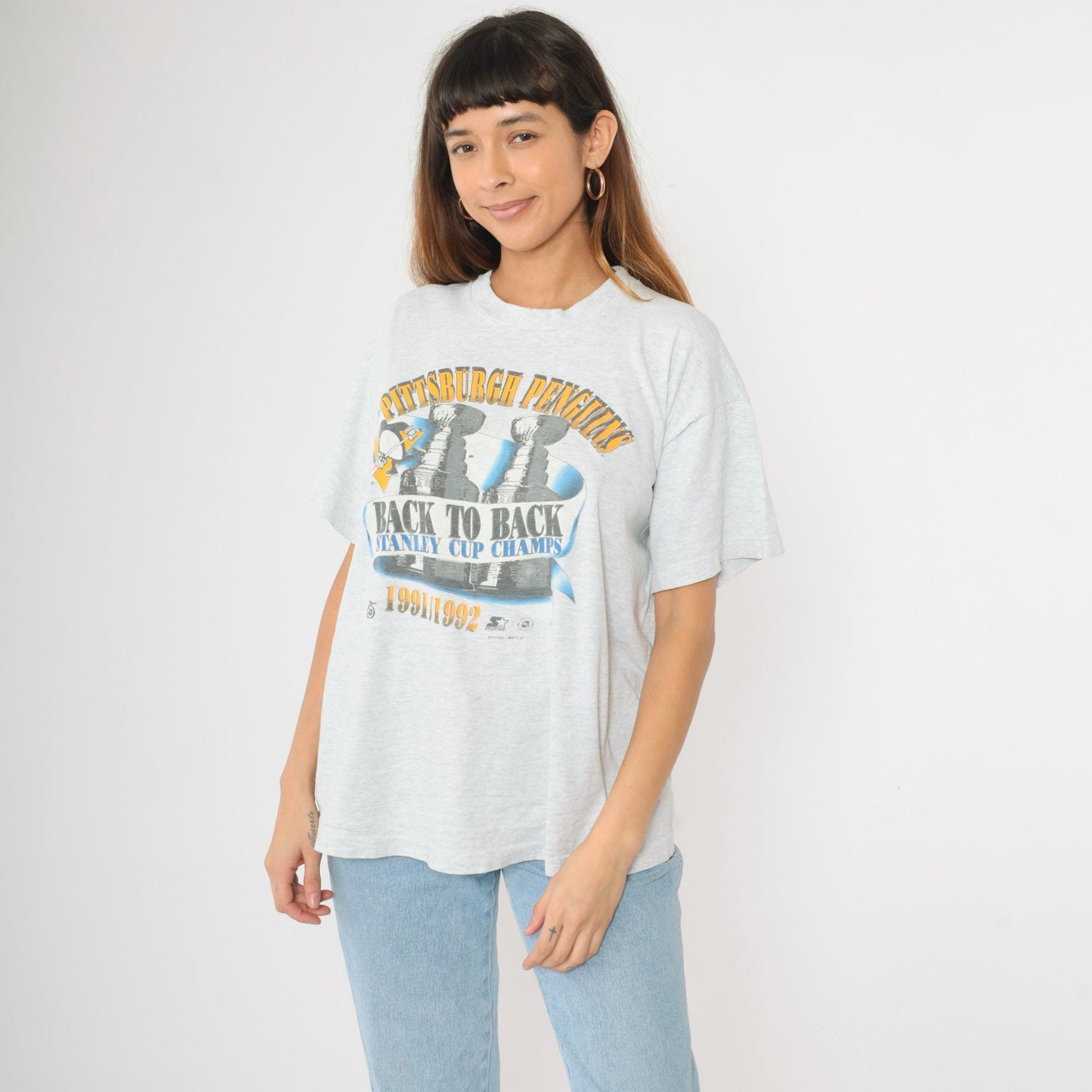 1991/1992 Pittsburgh Penguins Stanley Cup Champions Graphic T-Shirt Heather Grey Extra Large XL