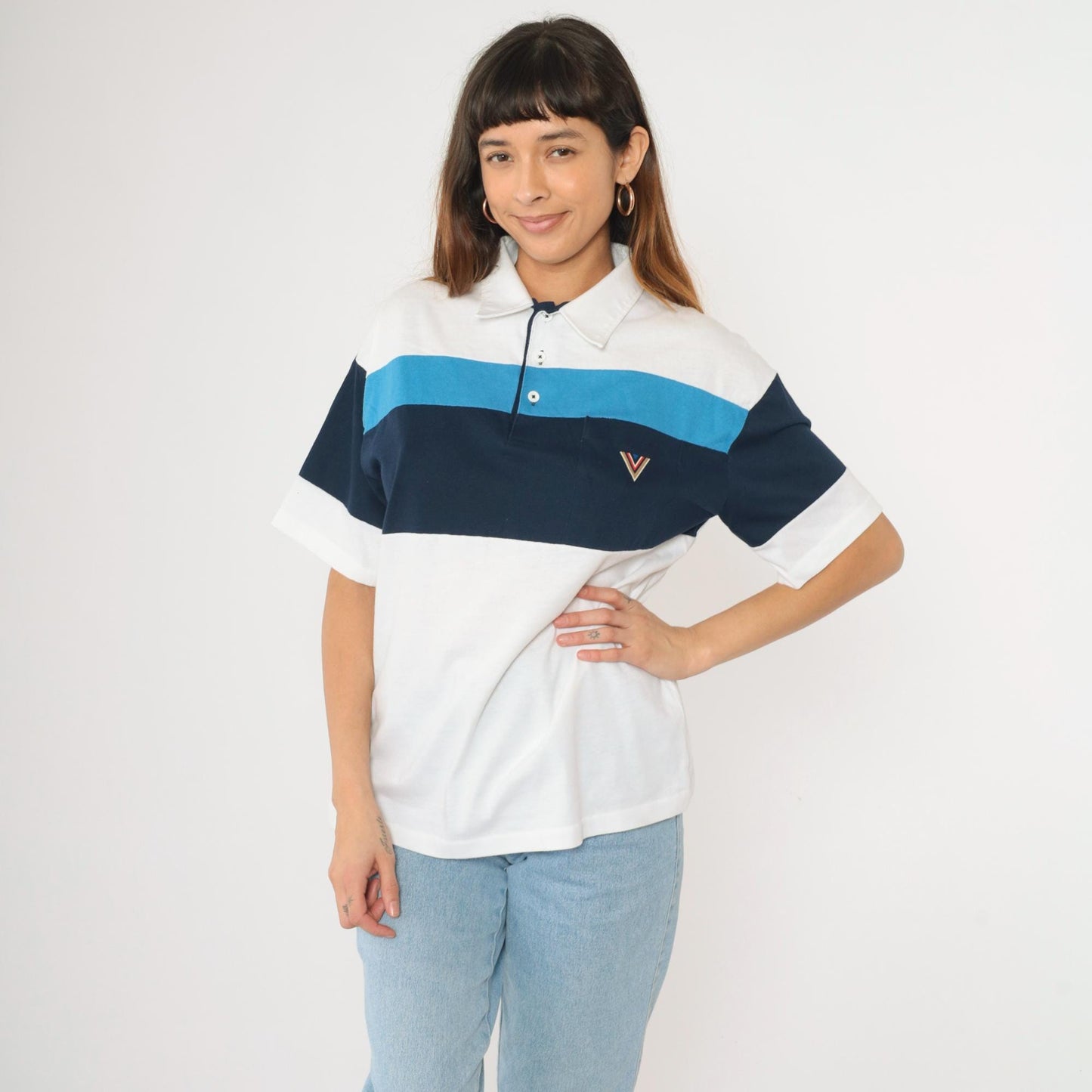 80s J. Blair Striped Polo Shirt White Navy Quarter Button Collared Large L