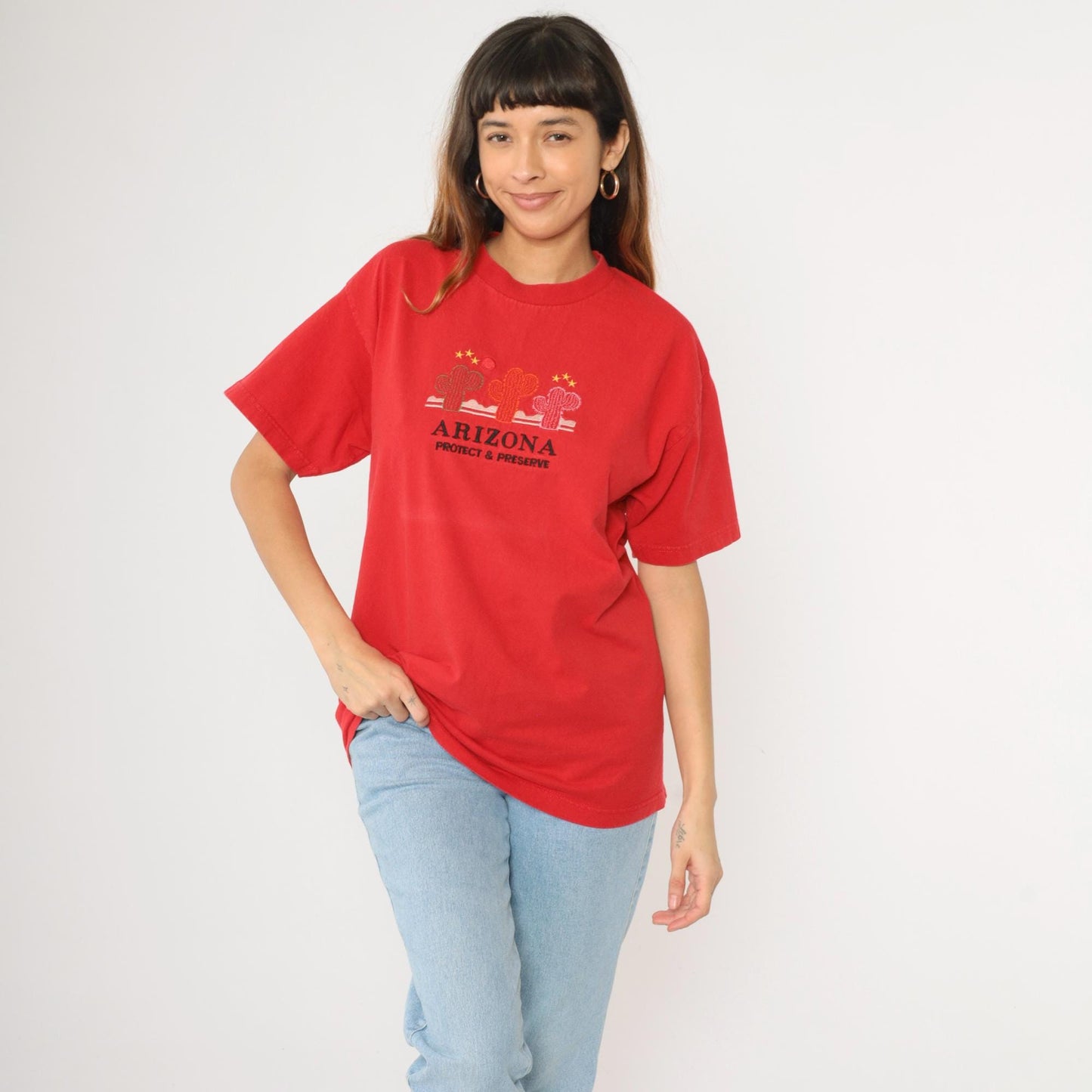 Y2K Arizona Cactus Embroidered T-Shirt Red Cotton Graphic Tee Large