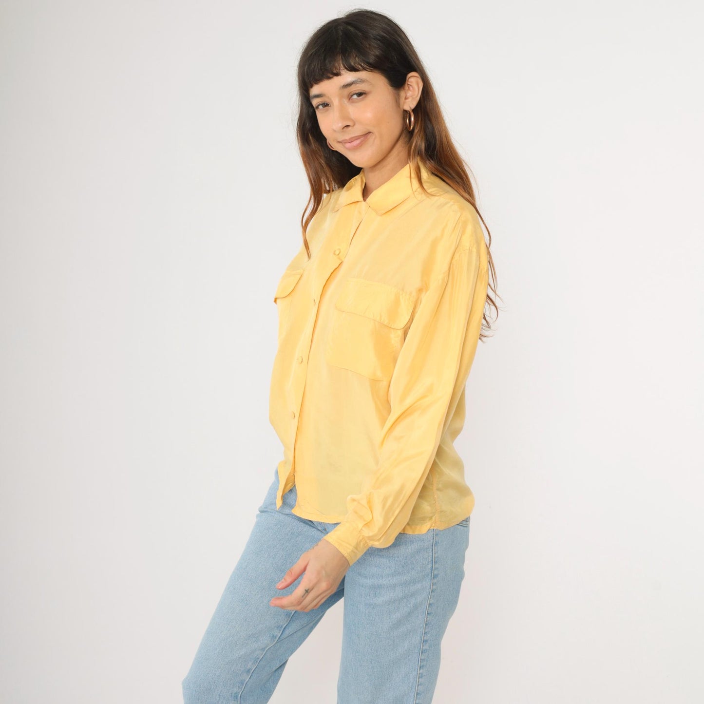 90s Ivy Club Classics Yellow Silk Button-Up Blouse Long Sleeve Small S