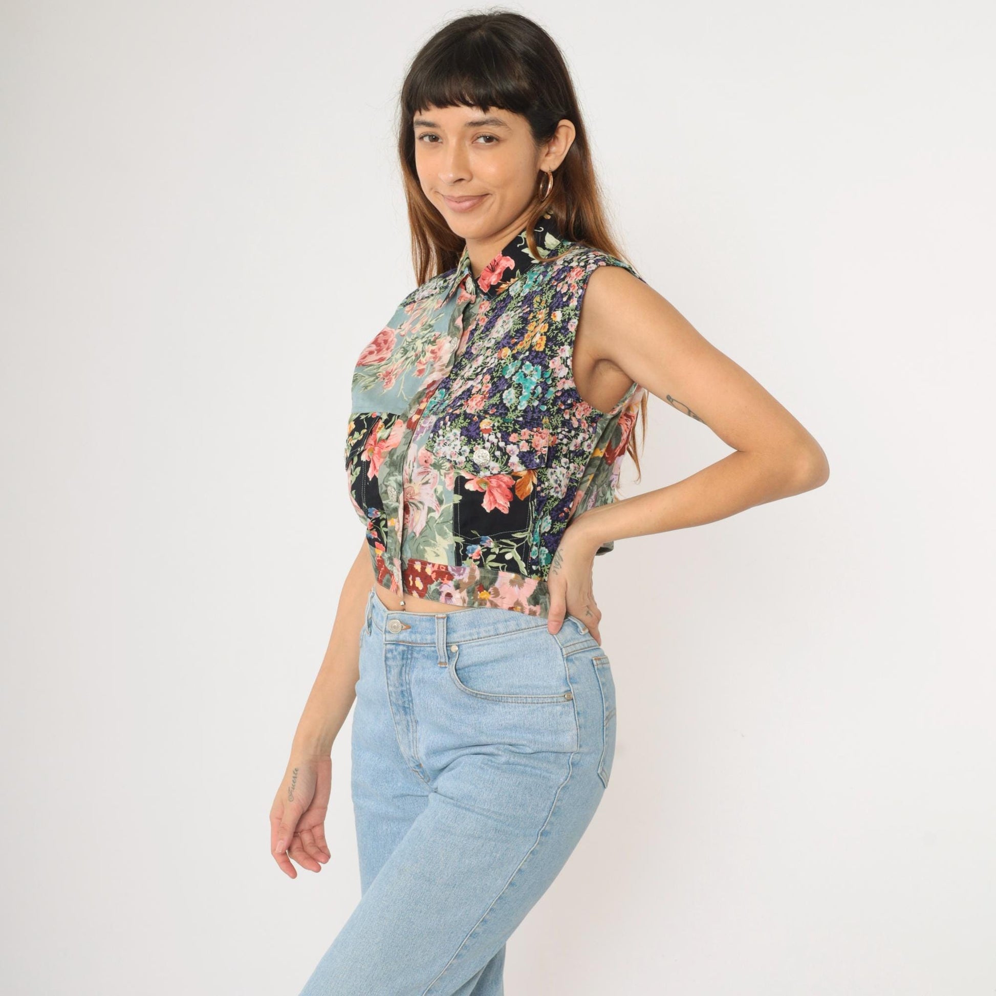 90s Cotton Express Floral Patchwork Crop Vest Button-Up Sleeveless Medium