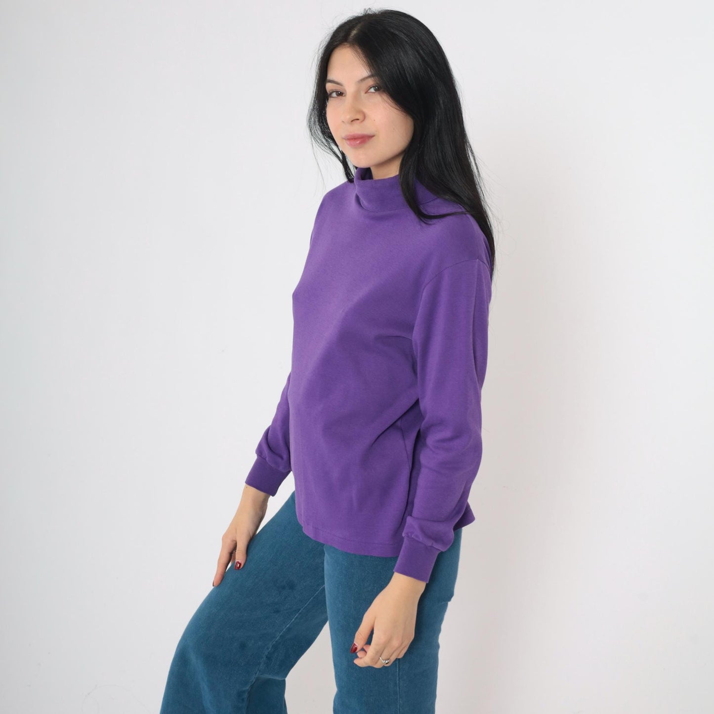 90s Woolrich Woman Purple Turtleneck Long Sleeve Cotton Top Medium
