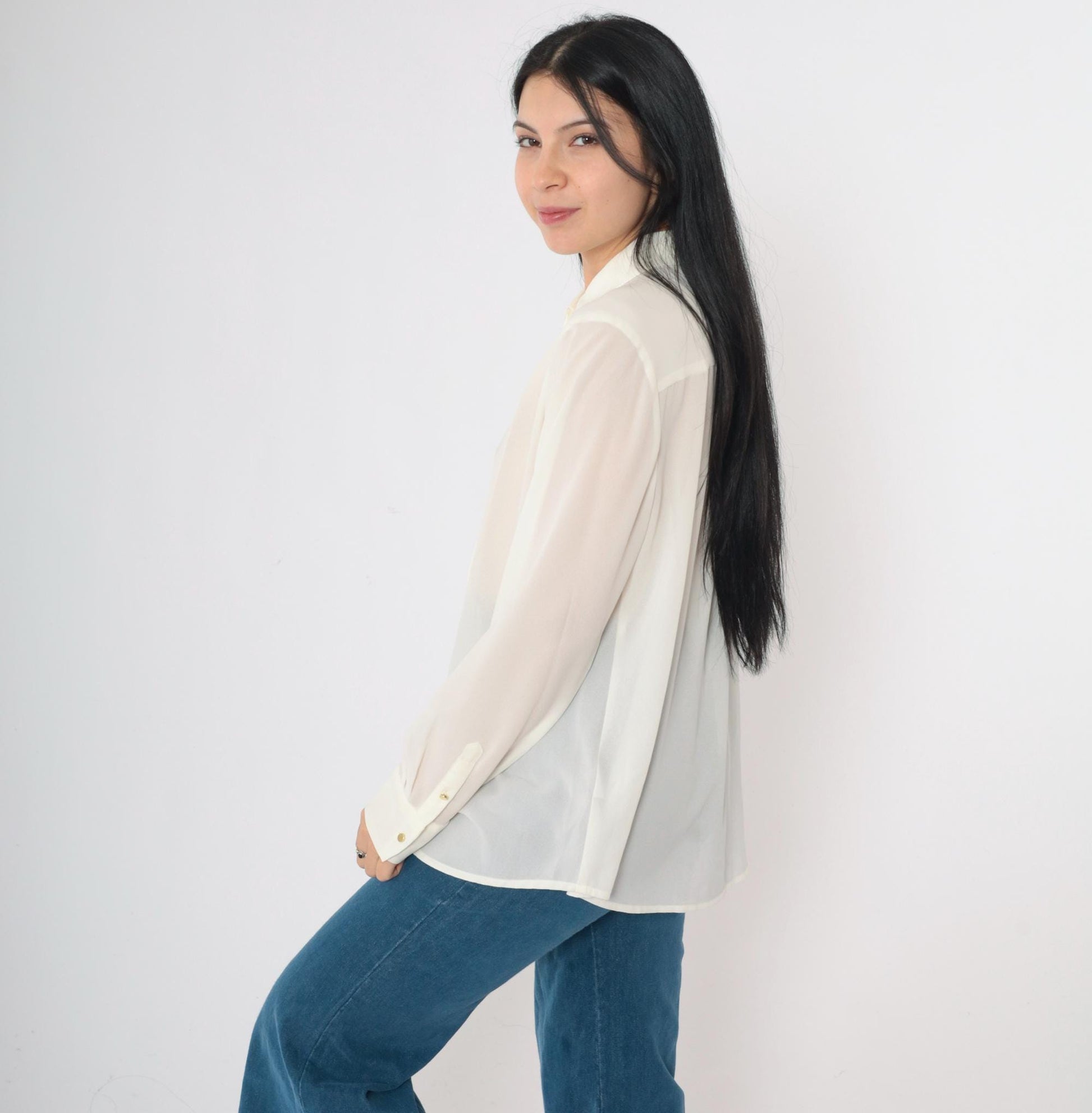 90s Liz Claiborne Beaded White Button-Up Blouse Long Sleeve Large
