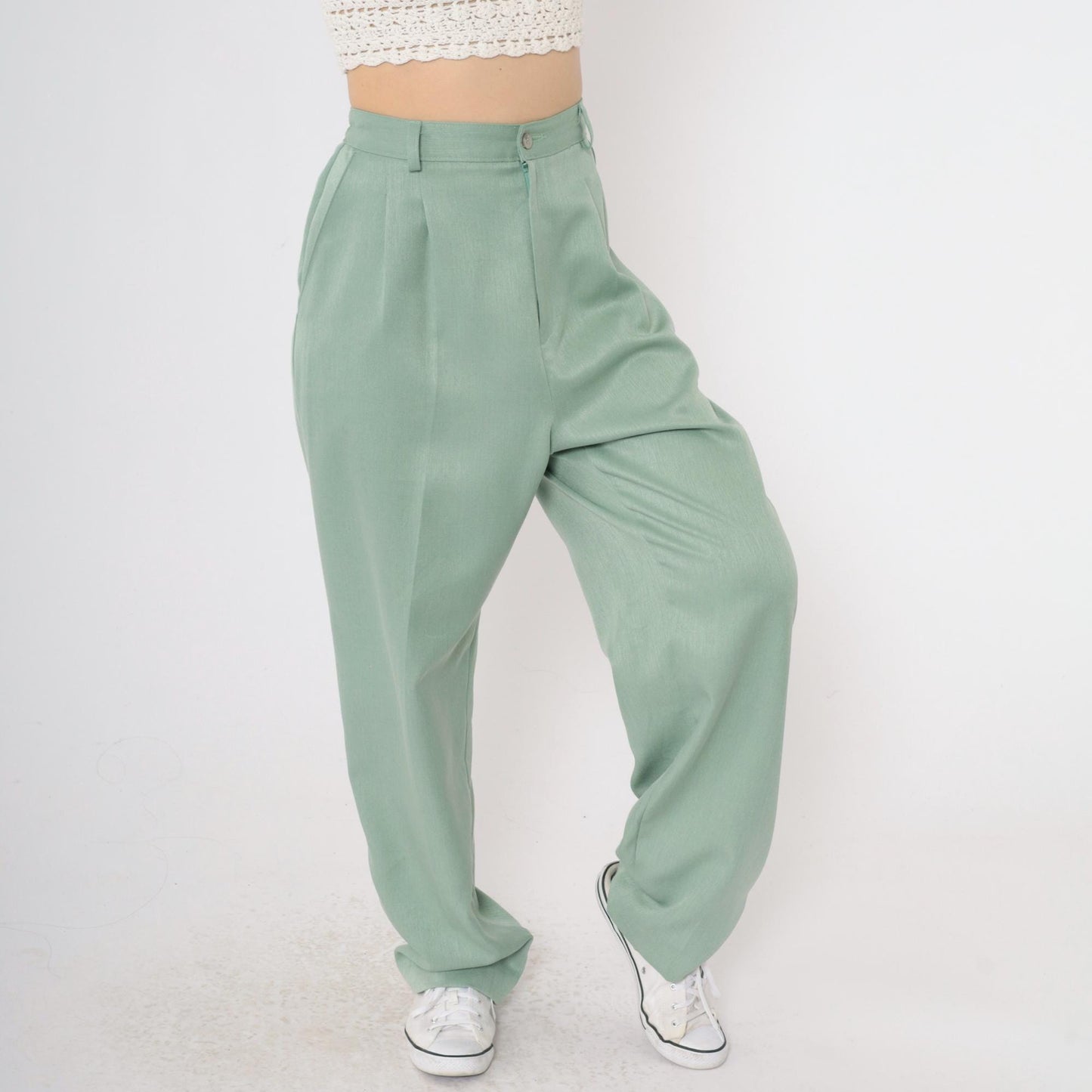 90s Light Green Pleated High-Waist Tapered Trousers Medium