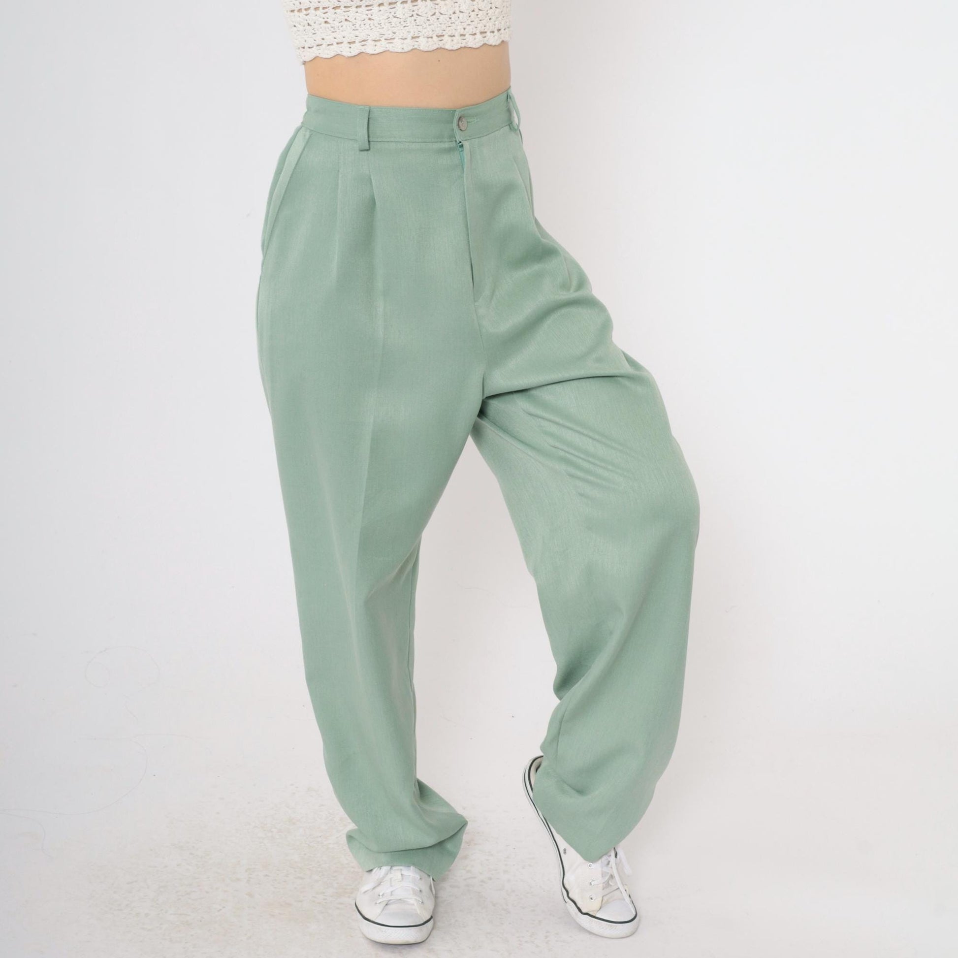 90s Light Green Pleated High-Waist Tapered Trousers Medium