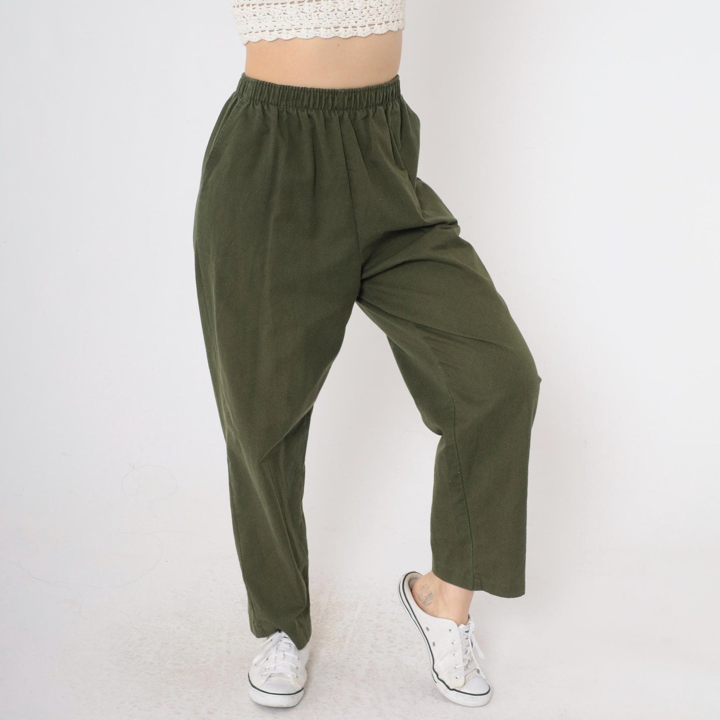 90s Olive Green High-Waist Straight Leg Pants Elastic Waist Small Petite