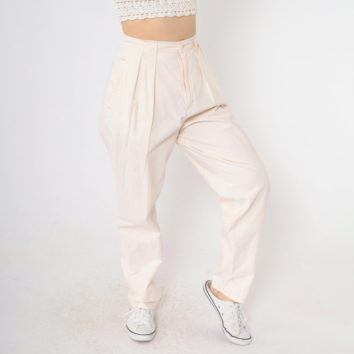 80s Bonjour Pale Peach High Waist Pleated Tapered Trousers Cotton Medium