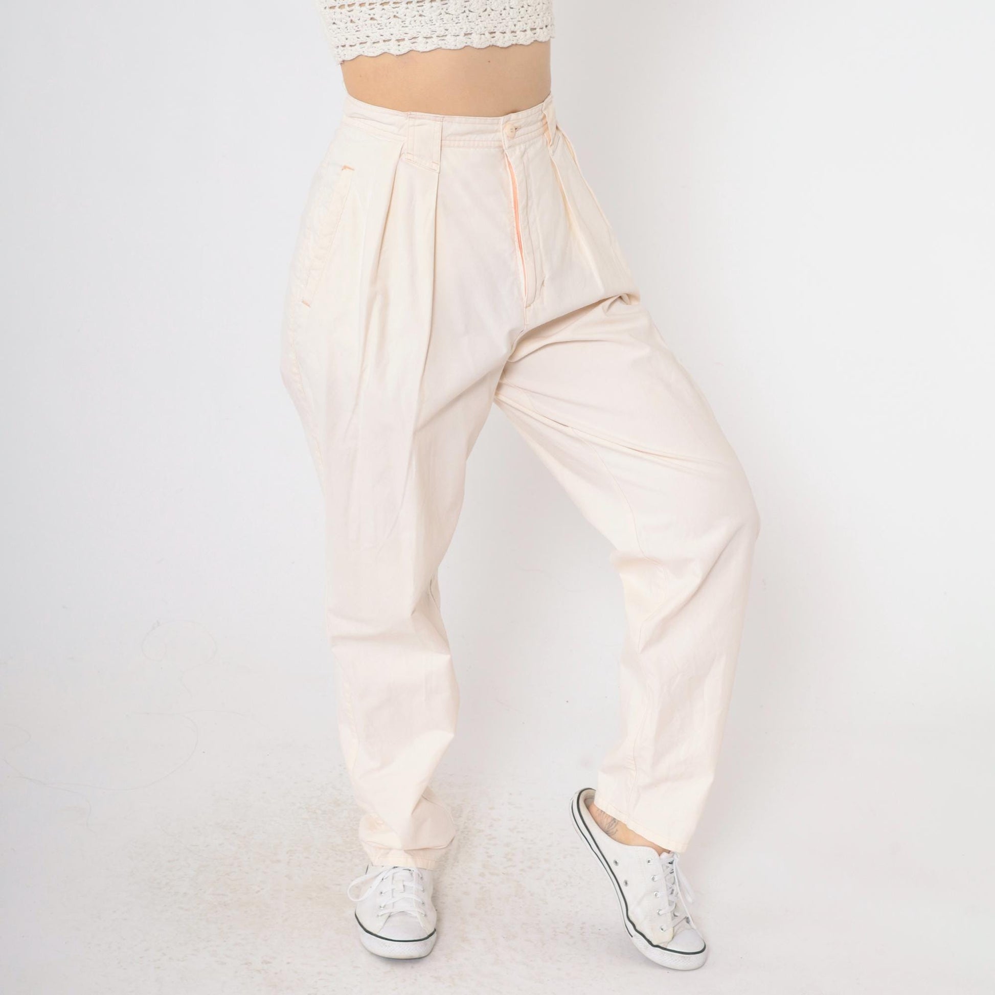 80s Bonjour Pale Peach High Waist Pleated Tapered Trousers Cotton Medium
