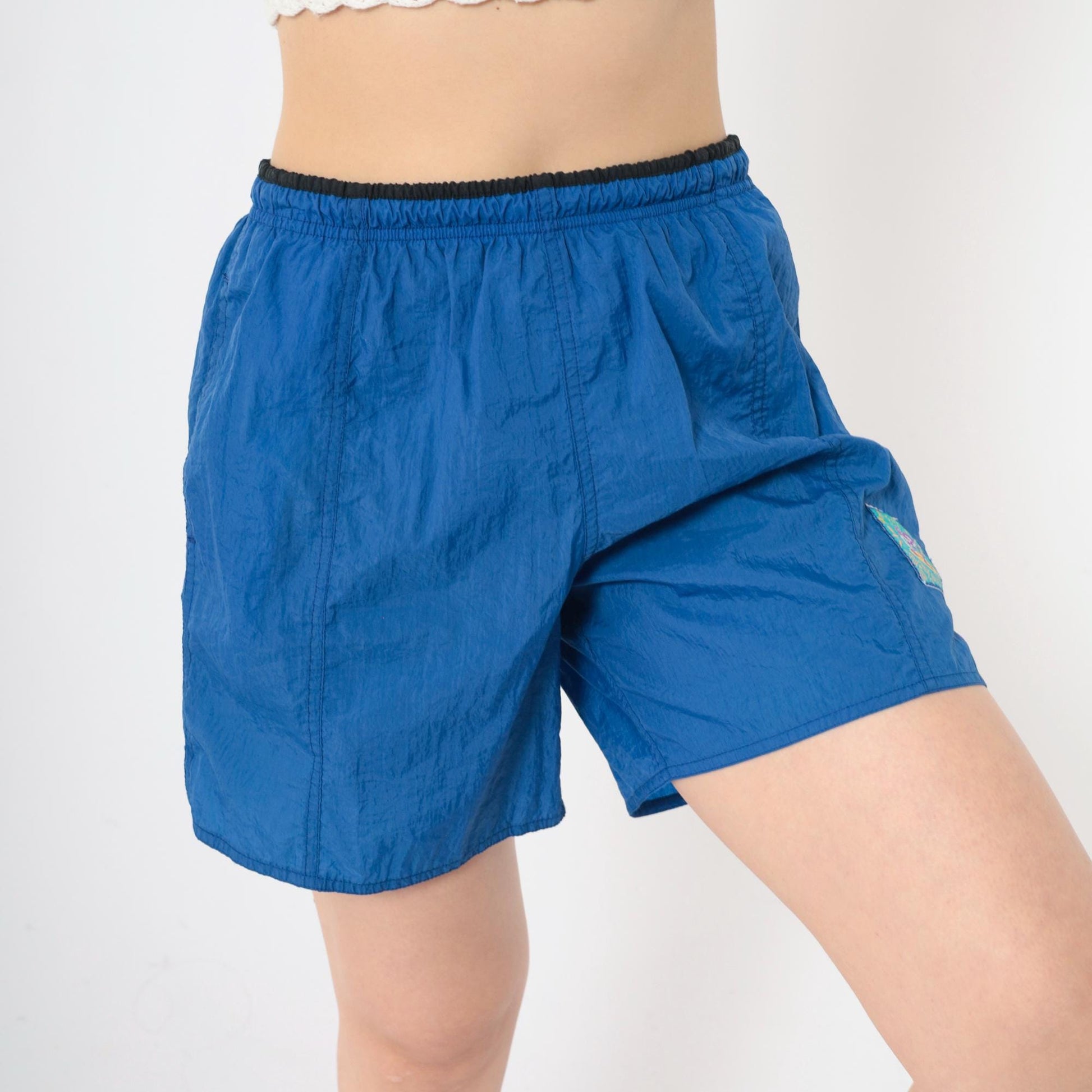 90s Reflex Blue Nylon Swim Shorts Elastic Waist Surfer Patch Medium