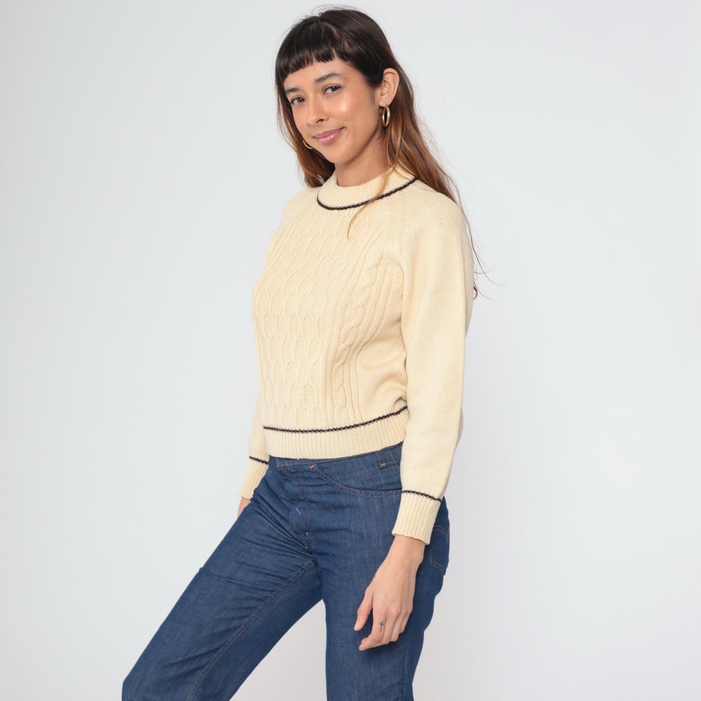 60s Cable Knit Sweater Cream Pullover Raglan Honeycomb Texture Small