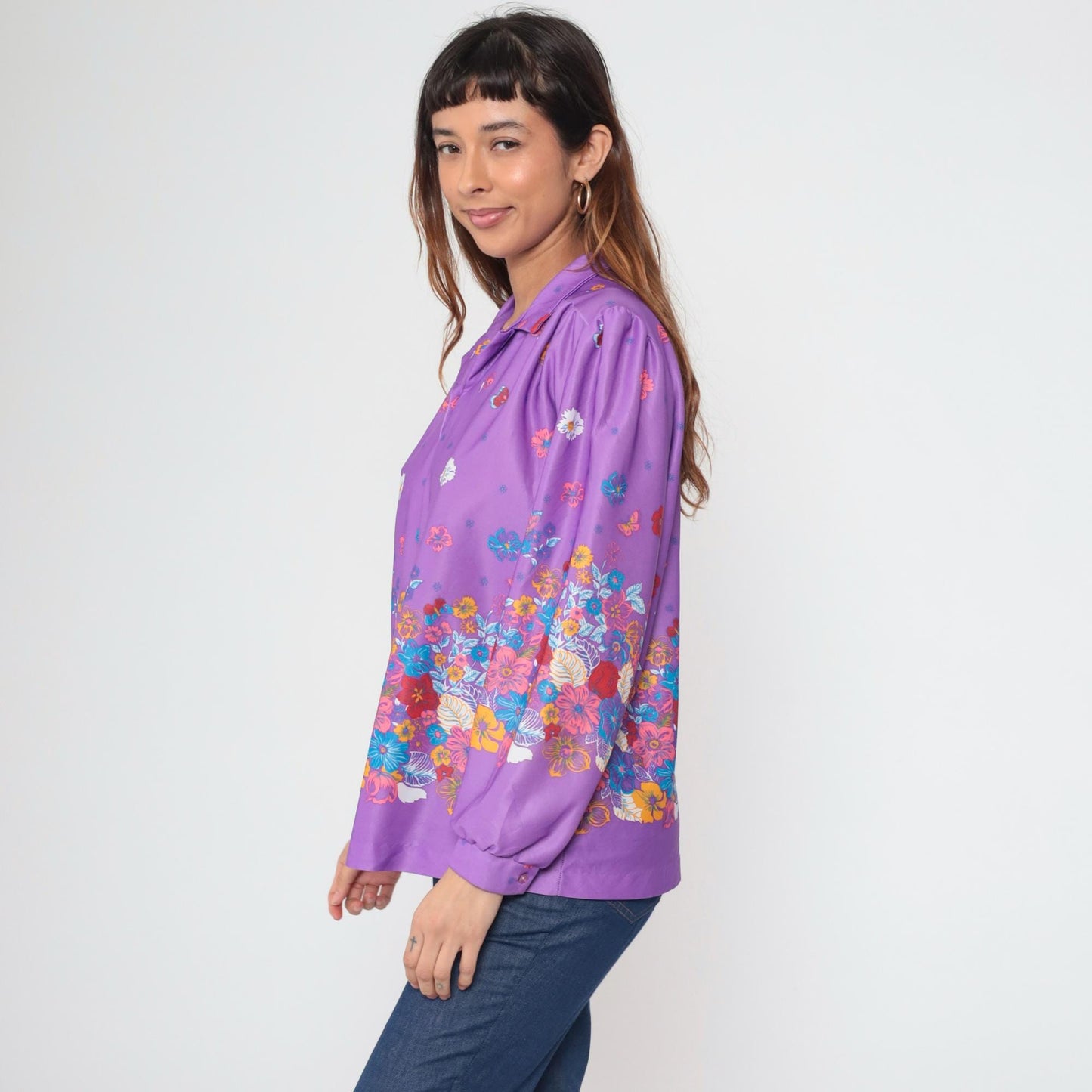 70s Penny Lou Floral Butterfly Blouse Purple Puff Sleeve Button Up Extra Large