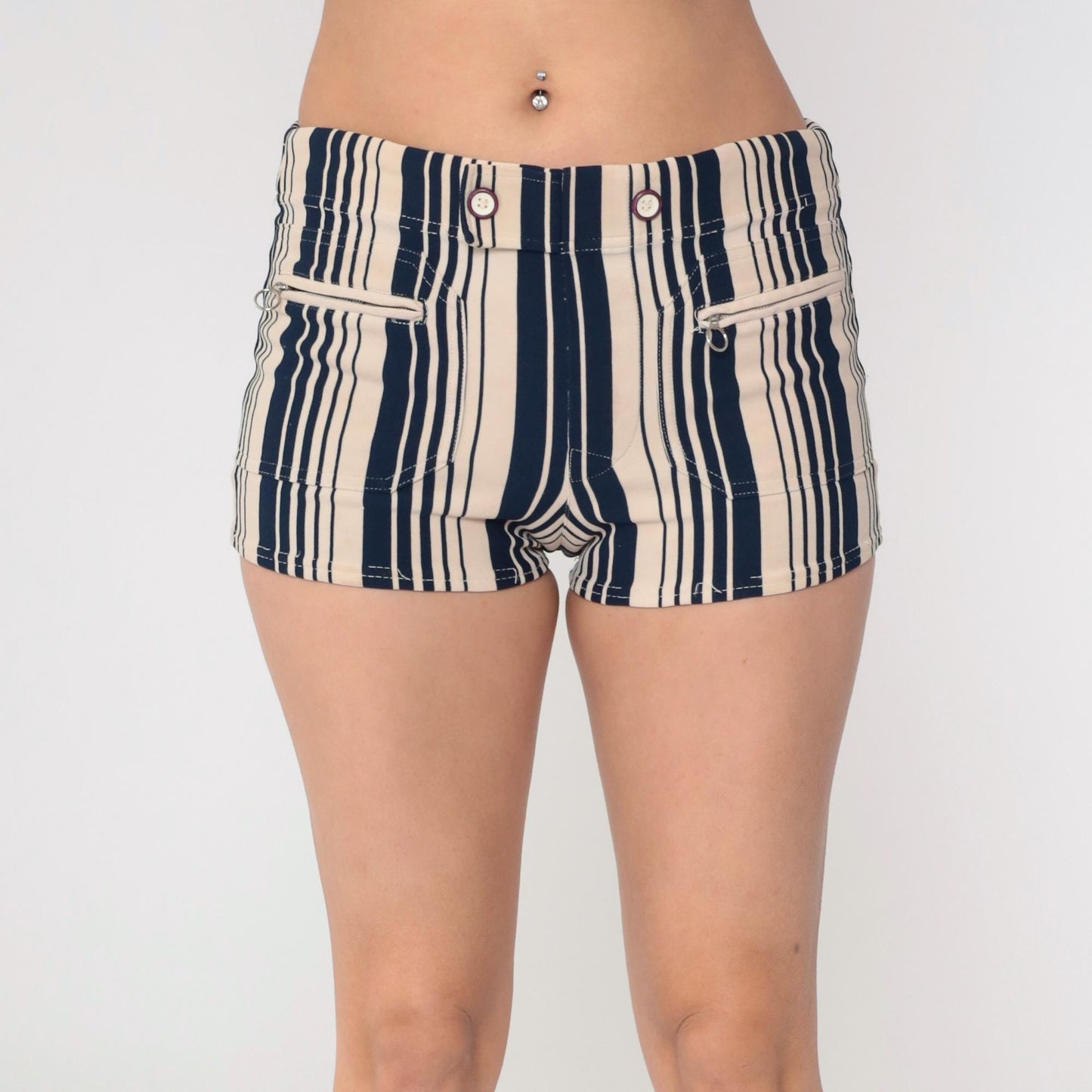 70s Catalina Striped Swim Shorts Navy Beige High-Waisted Bikini Bottom Small