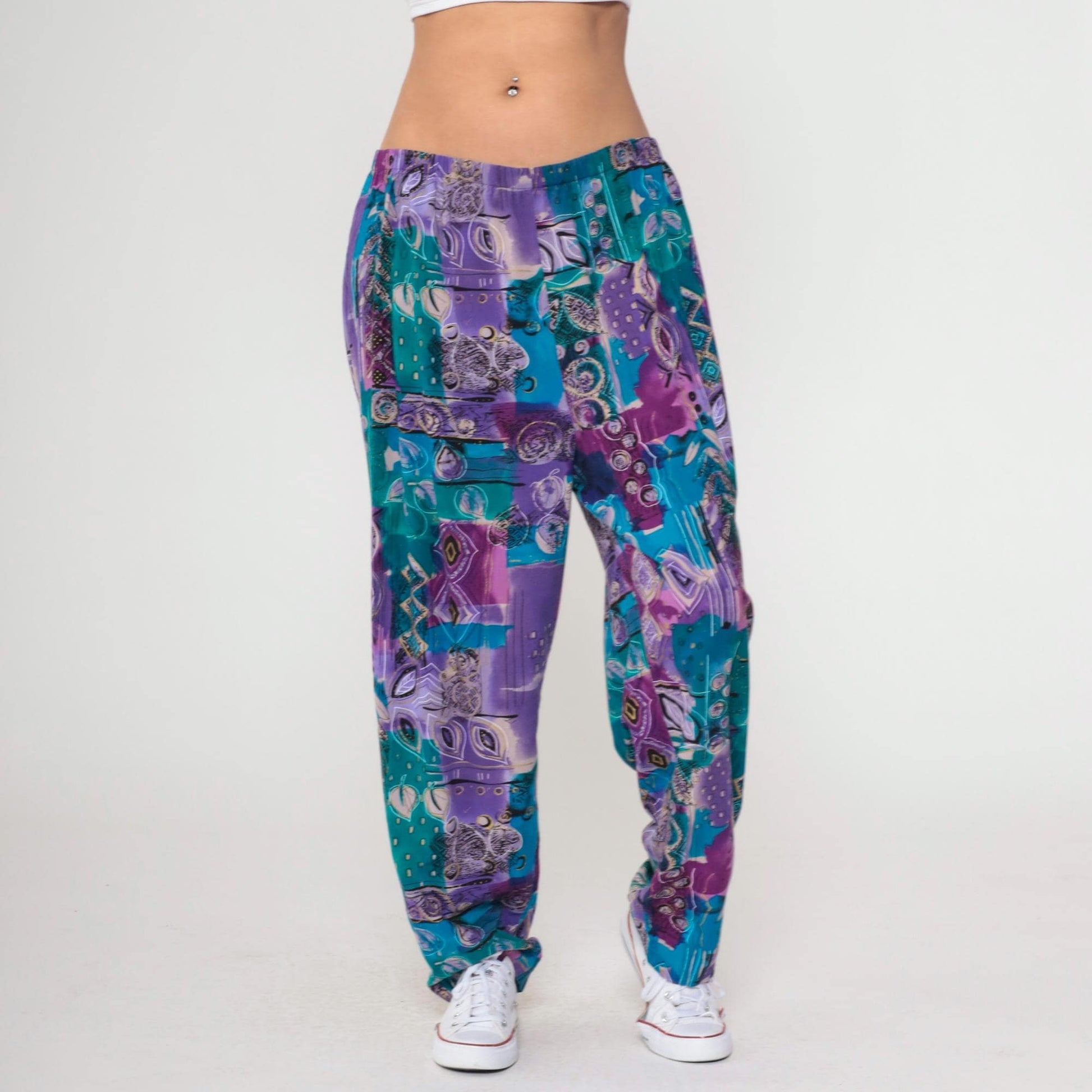 90s Fritzi Plus Sports Parachute Pants Geometric Leaf Print Purple Green Gold Trim 1X