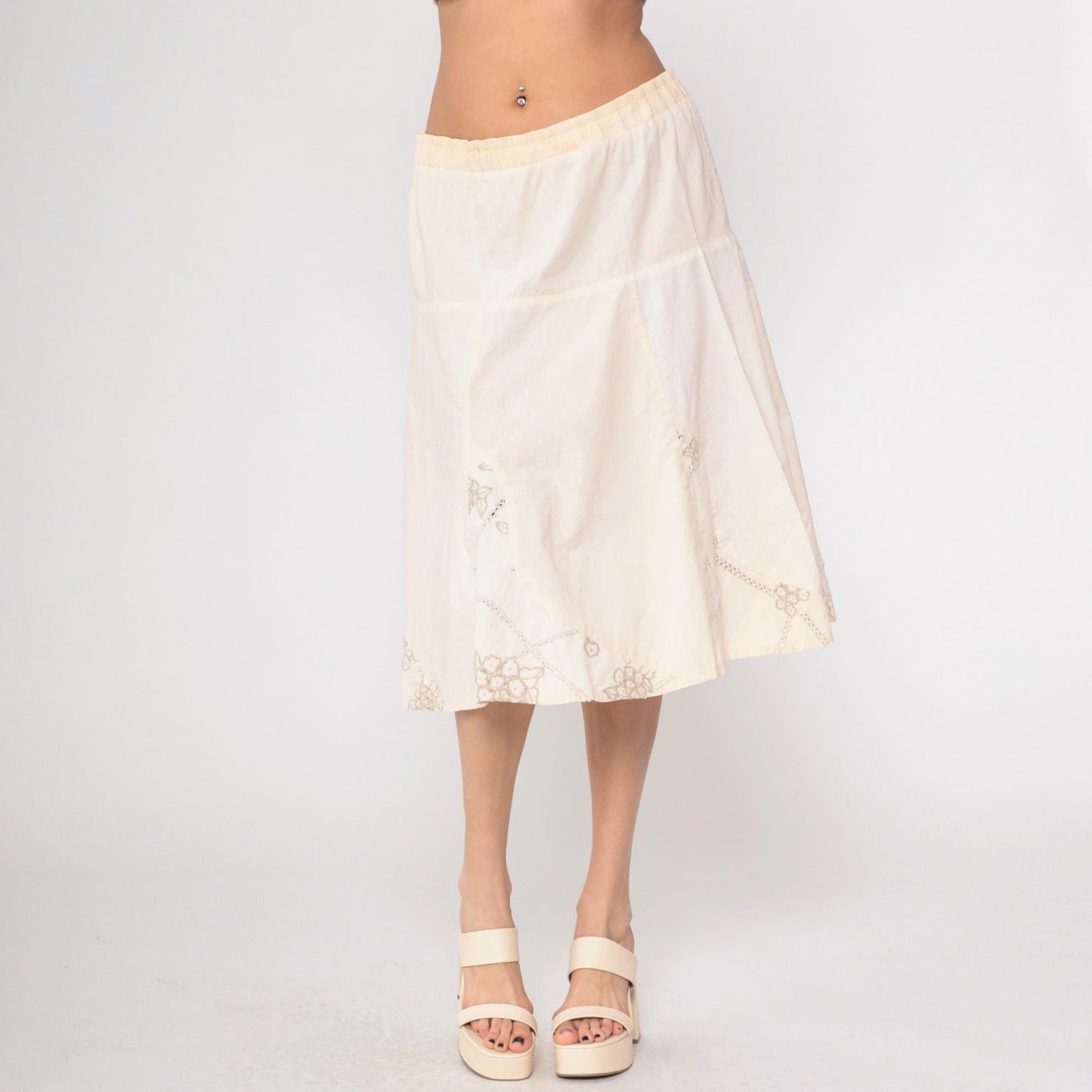 00s Floral Embroidered Cream A-Line Midi Skirt Elastic Waist Large L