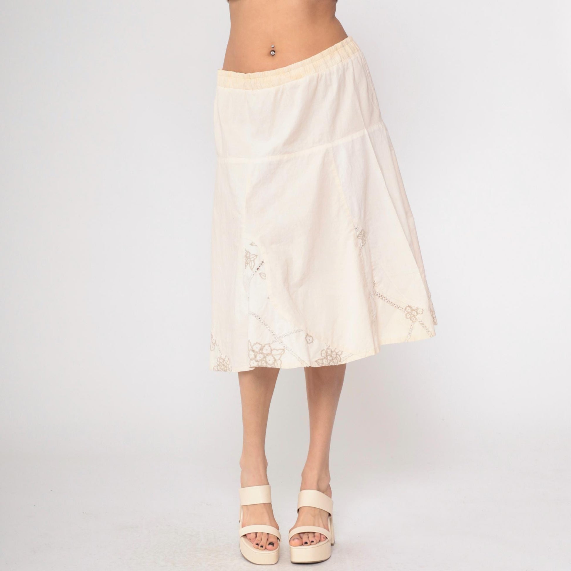 00s Floral Embroidered Cream A-Line Midi Skirt Elastic Waist Large L