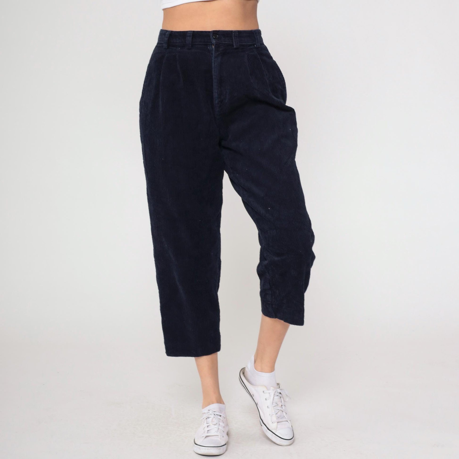 90s High Sierra Navy Corduroy Pleated Cropped Trousers Medium
