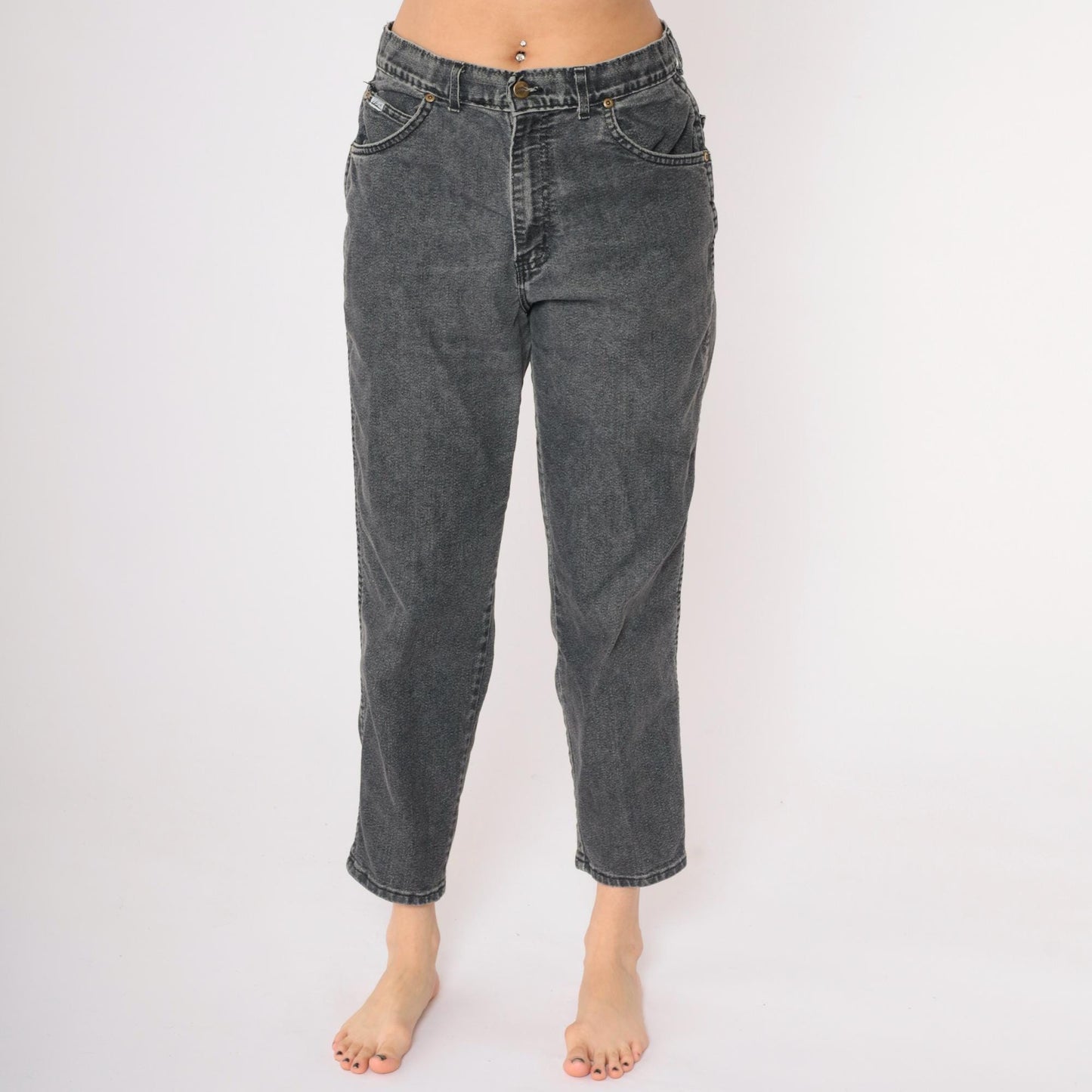 90s Chic High Waisted Tapered Jeans Faded Black Denim Large