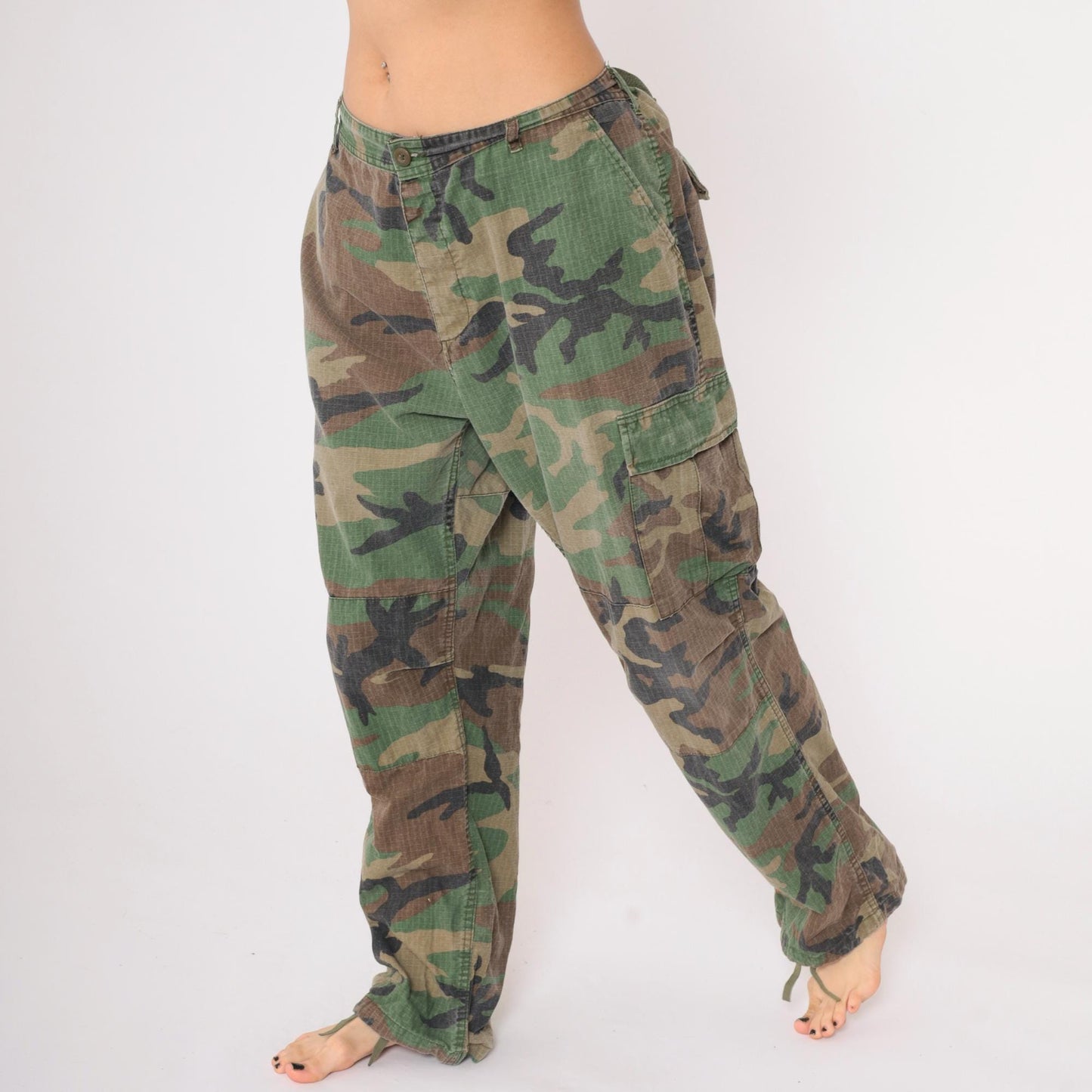 90s Camo Army Cargo Pants Olive Green Drawstring Ankle Extra Large XL