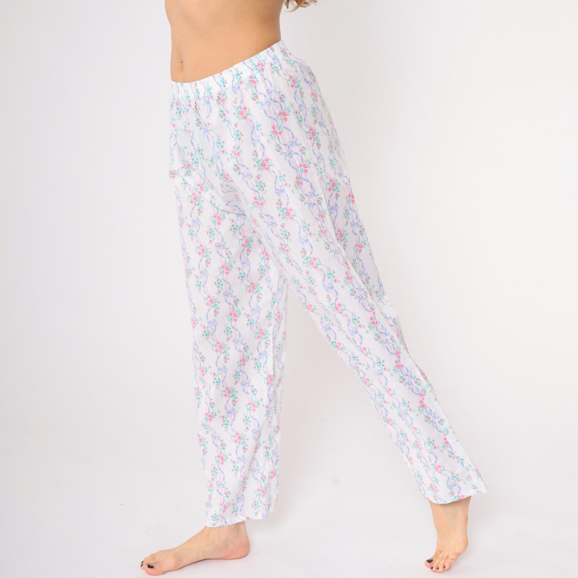 80s Floral Ribbon Pajama Pants White Elastic Waist Sleep Bottoms Medium