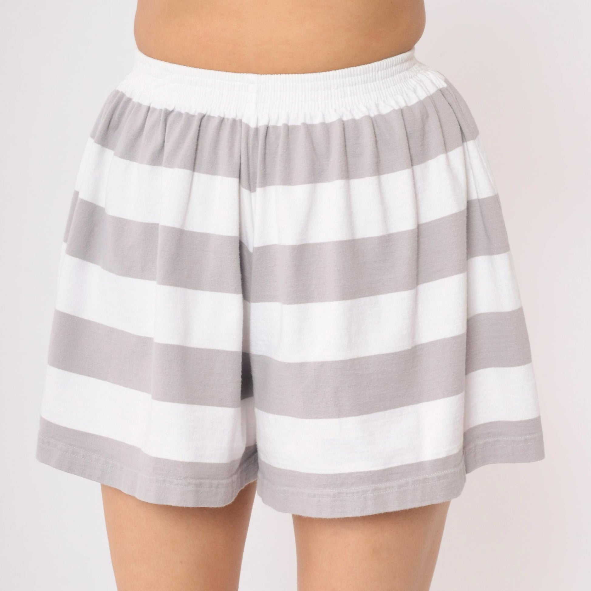 90s Liz Claiborne Striped Shorts Grey White Elastic Waist Cotton XS
