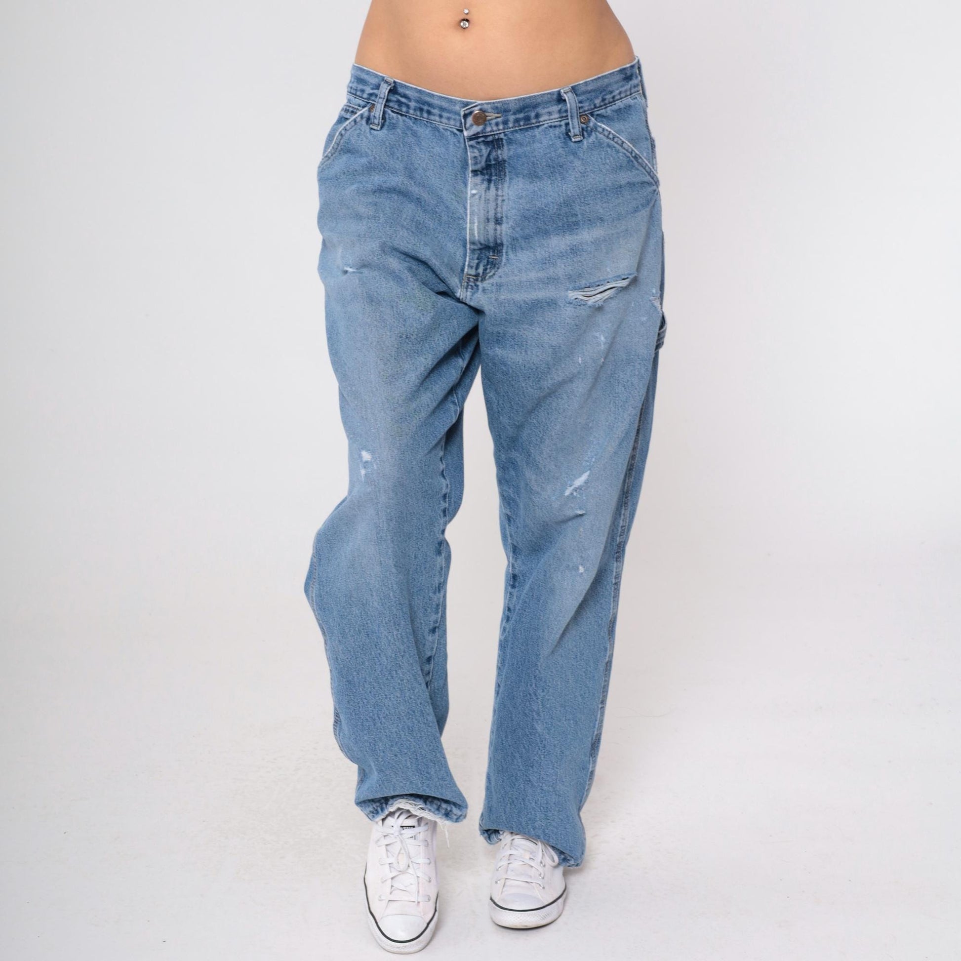 00s Wrangler Y2K High Rise Straight Leg Jeans Hammer Loop Faded Blue 36x30