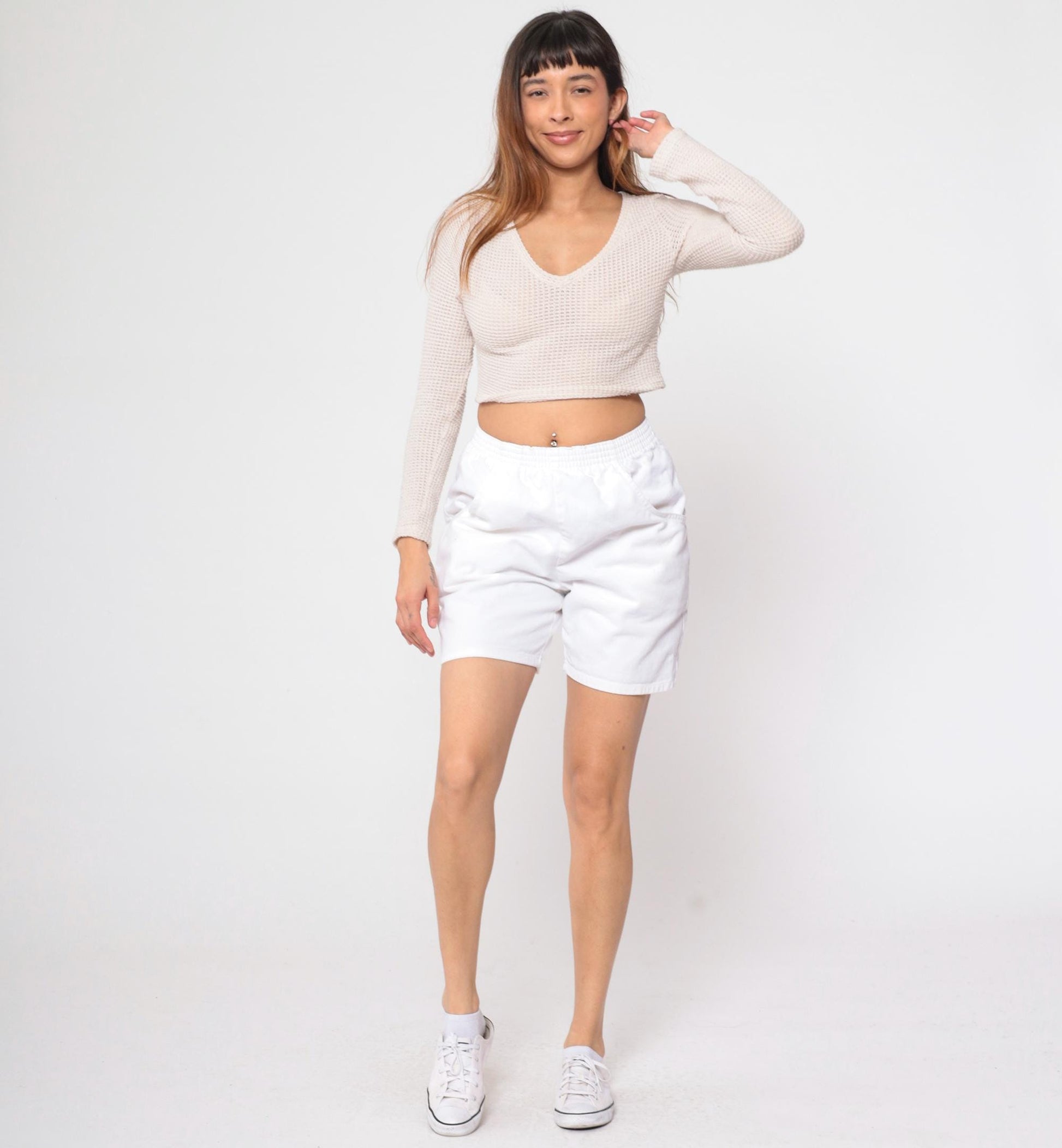 90s White Cotton Lounge Shorts High Waist Elastic Waist Small