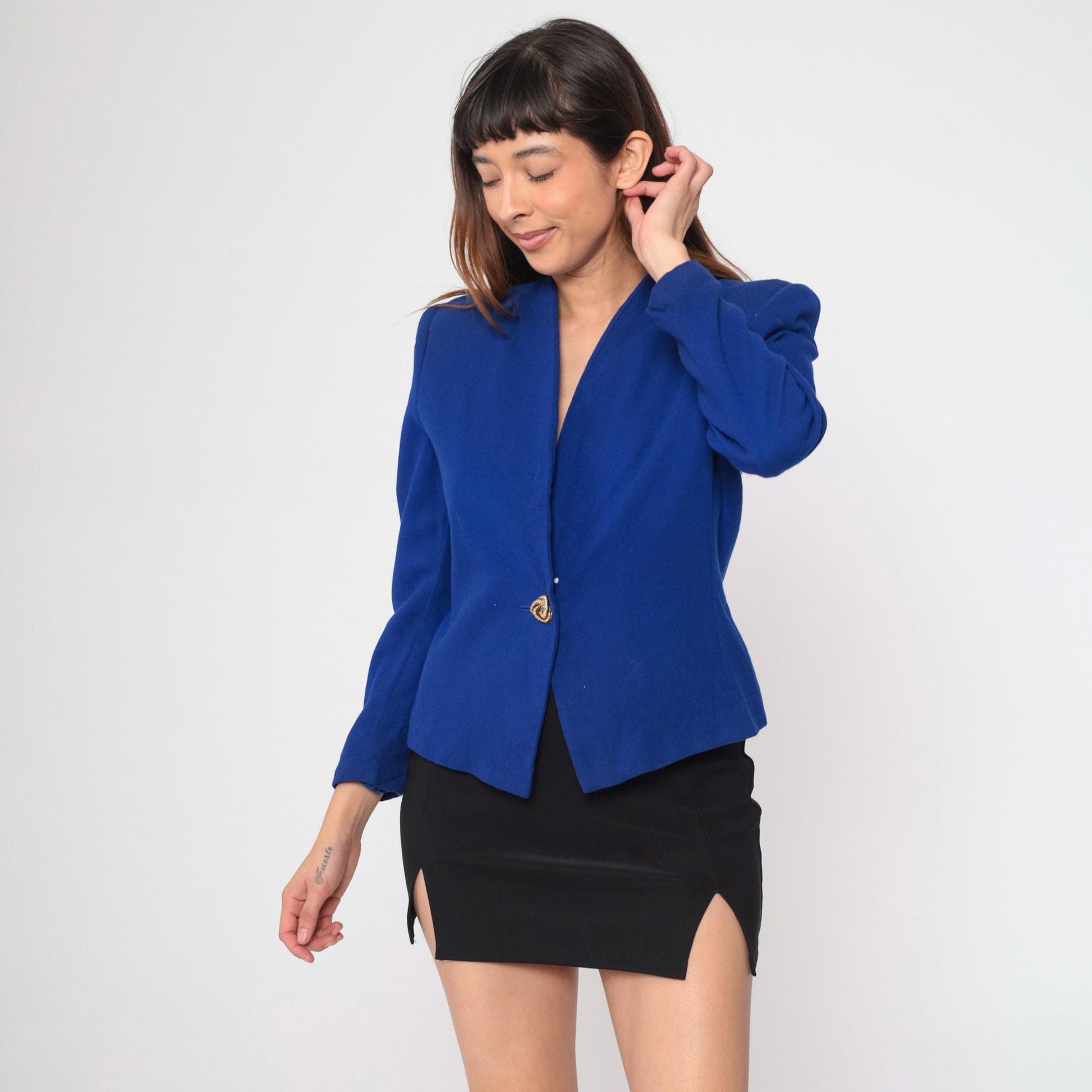 90s Valerie Stevens Wool Blazer Royal Blue V-Neck Gold Button Medium 8